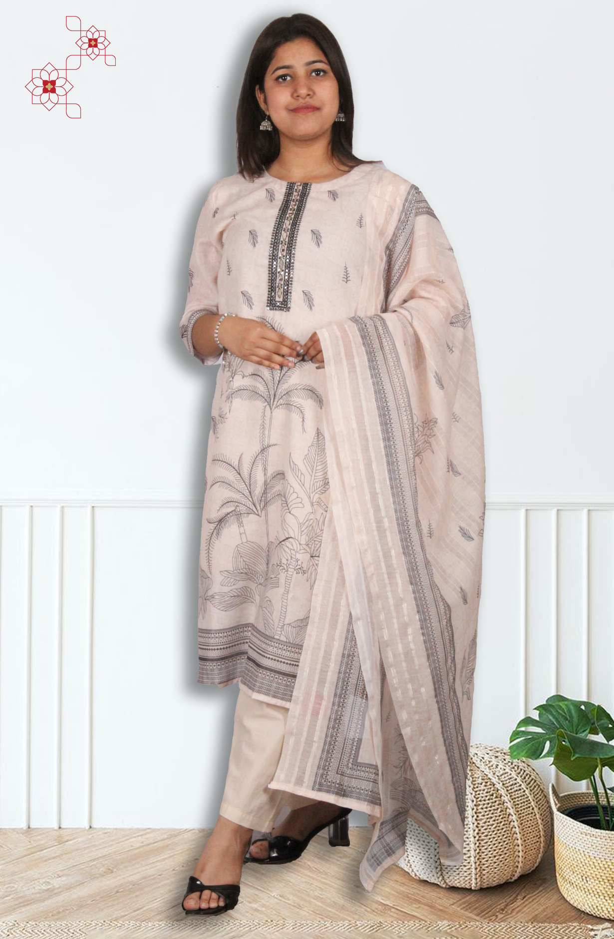 Beige Readymade Linen Printed Salwar Suit with Dupatta - 3105813630142 - Available Size M to XXL
