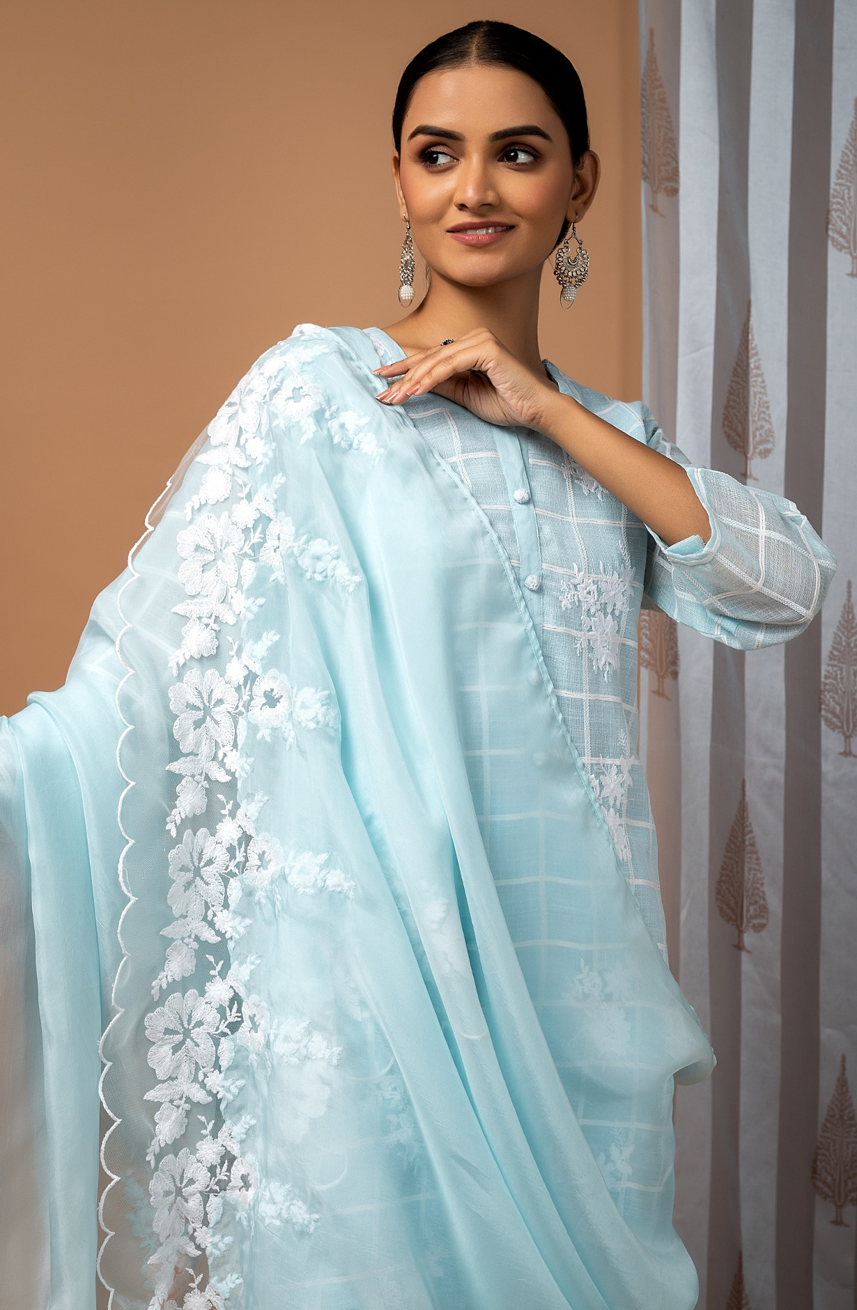 Sky Blue Linen Beautiful Embroidered Suit with Organza Dupatta - FAU1886B