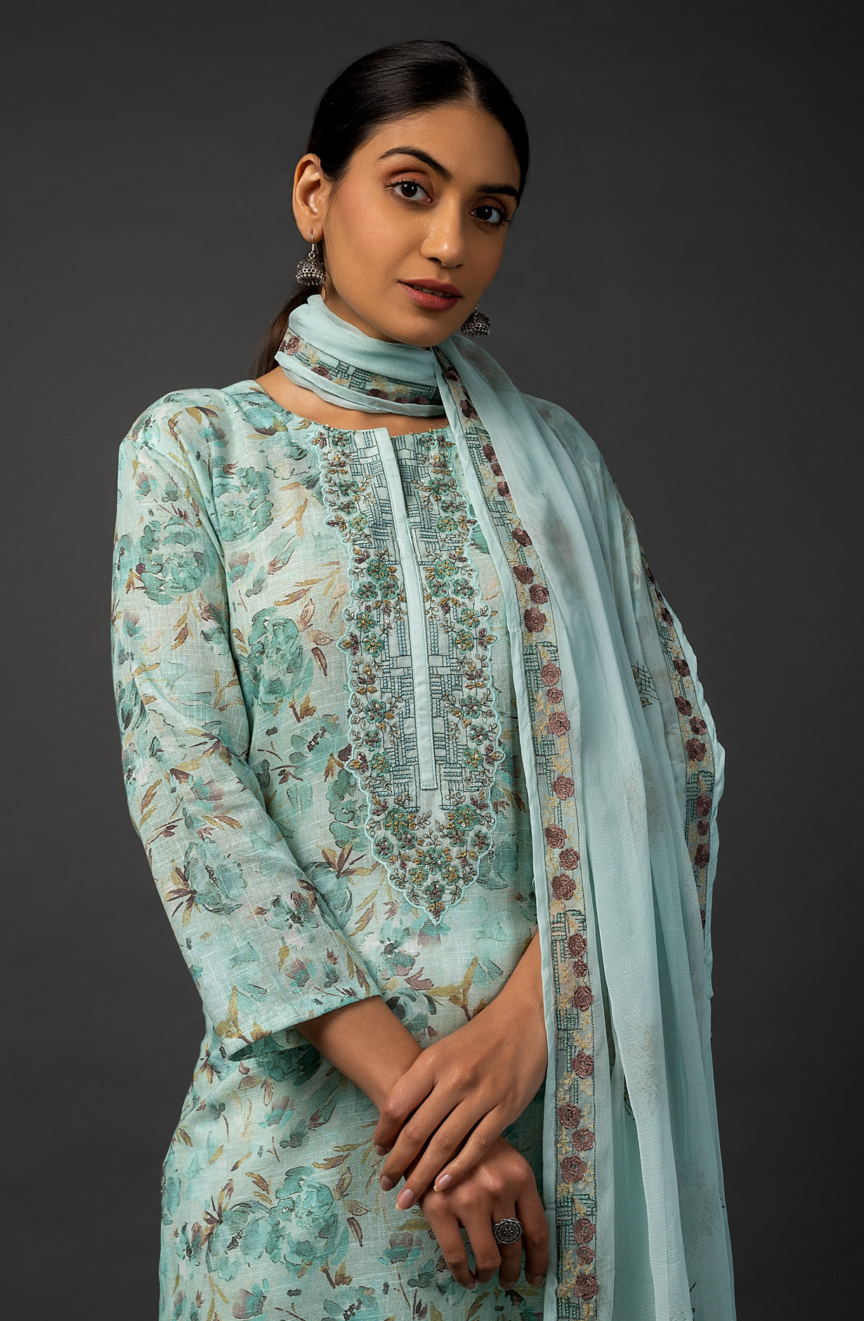 Sea Green Linen Digital Printed Salwar Suit with Chiffon Dupatta - R157-SPR1455A