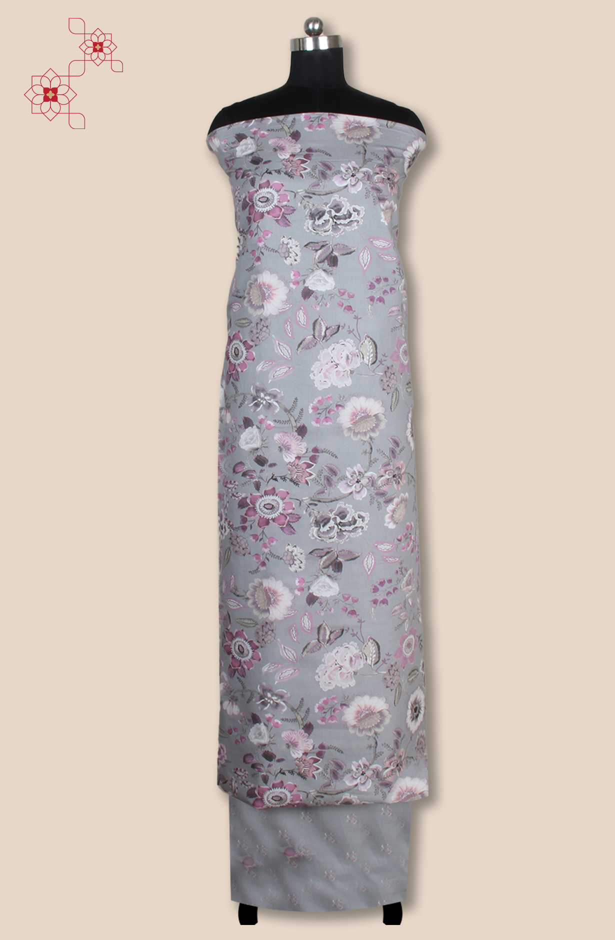 Grey Cotton Printed Unstitched Salwar Kameez - 319-2002