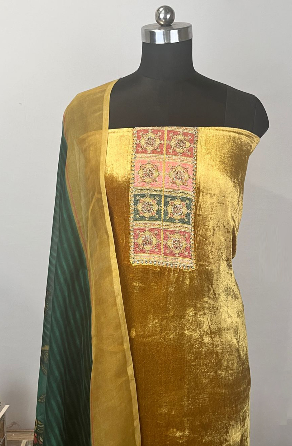 Mehndi Velvet Suit Set with Dupatta - WEVAL120-5F