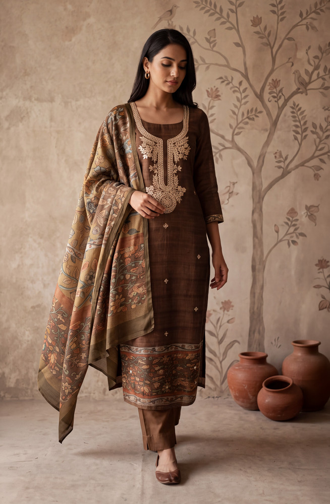 Image of Brown Silk Unstitched Suit Set with Beautiful Dupatta - 972-WETSL1107C