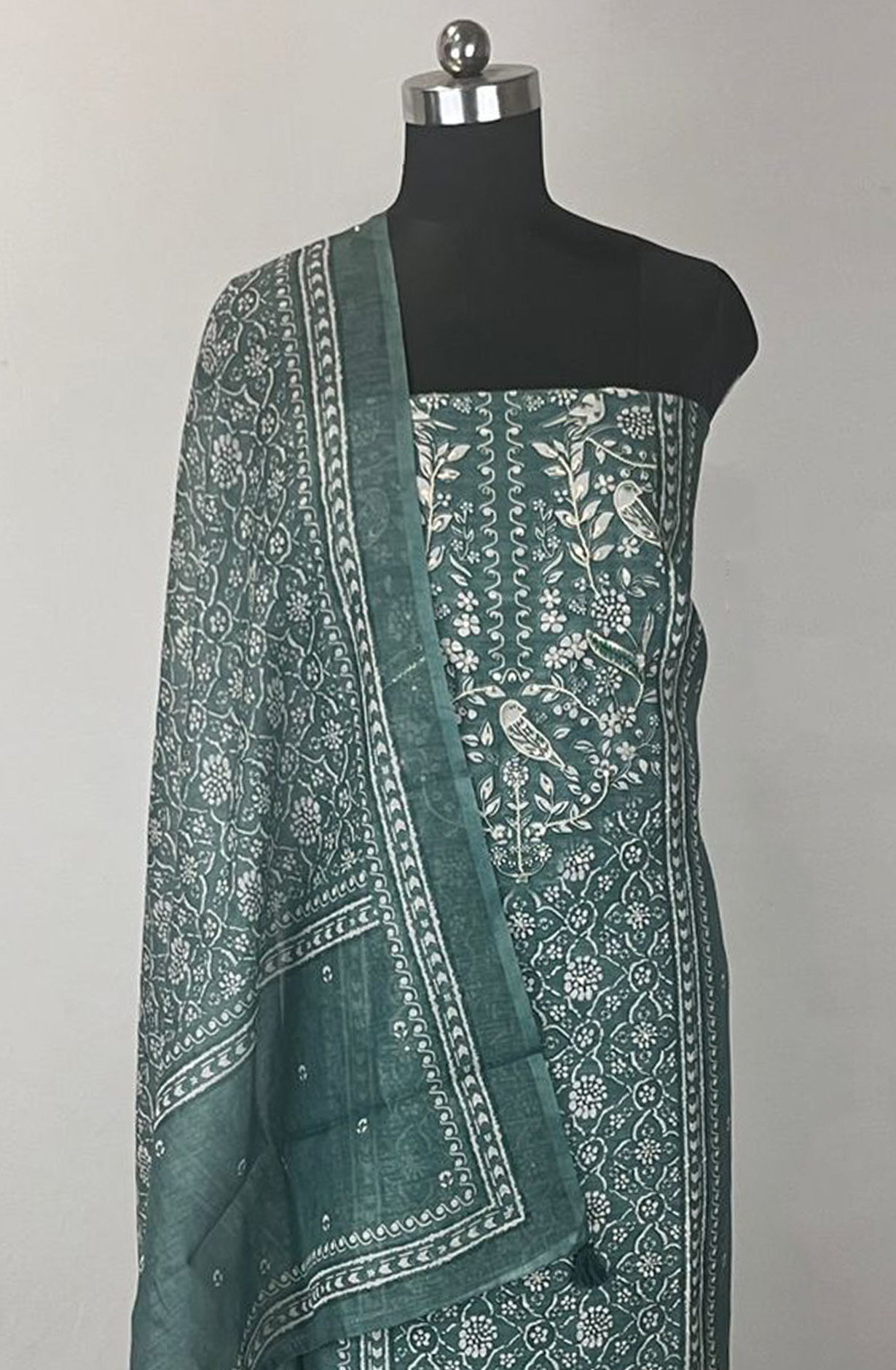 Green Linen cotton Beautiful Suit Set with Dupatta - 1020-5766