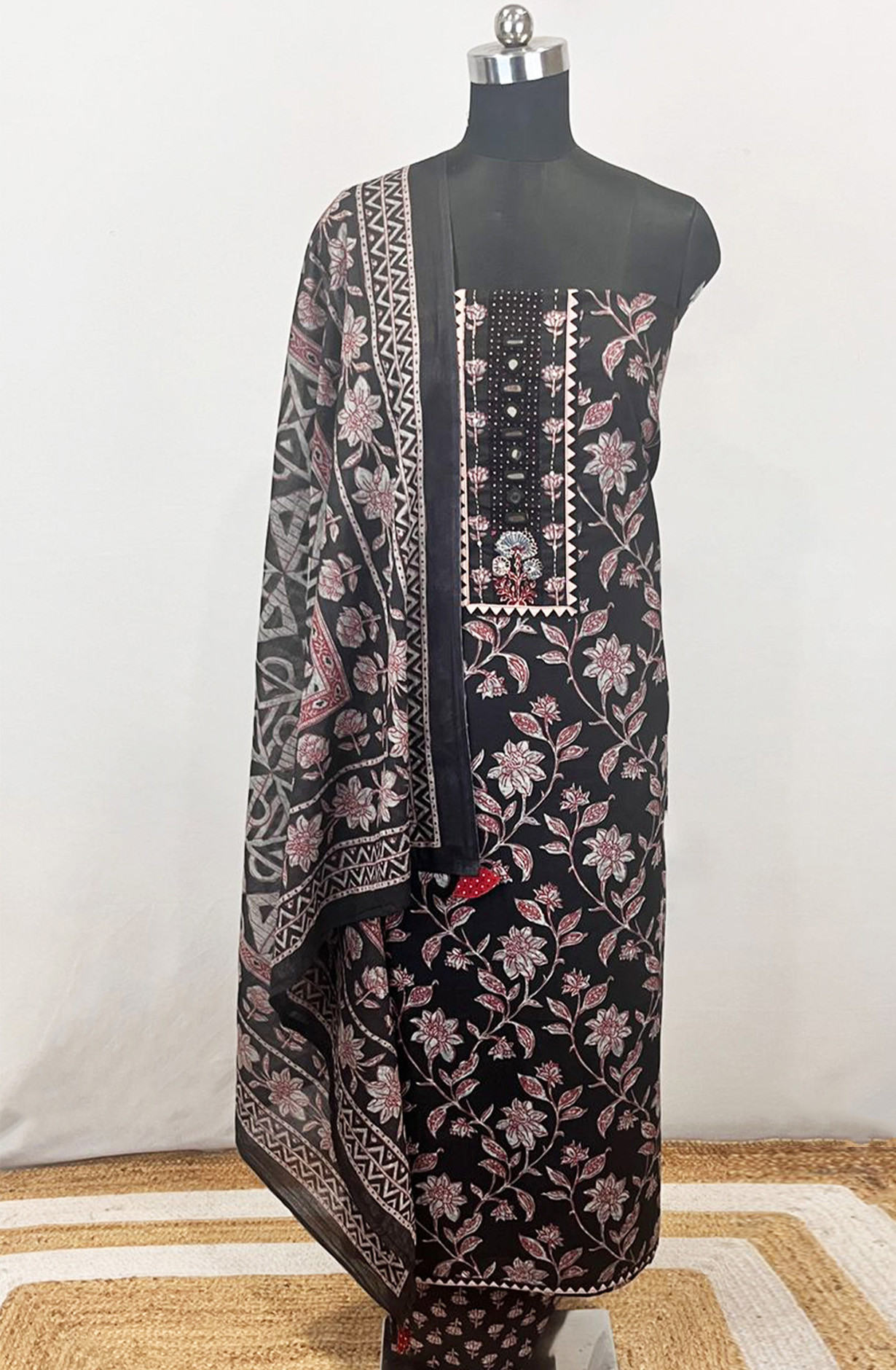 Black Cotton printed Unstitched Suit Set with Dupatta - 131-KE1650