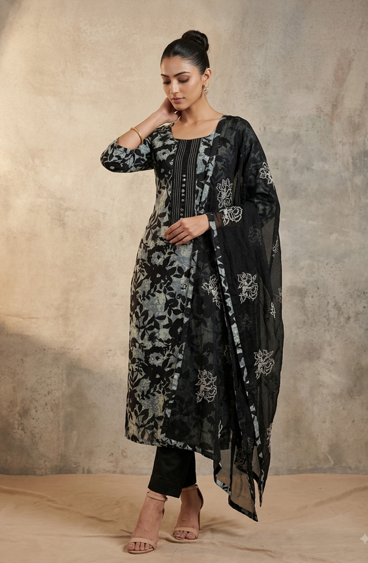 Black Cotton Digital Printed Beautiful Suit Set with Dupatta - 1029-3796A