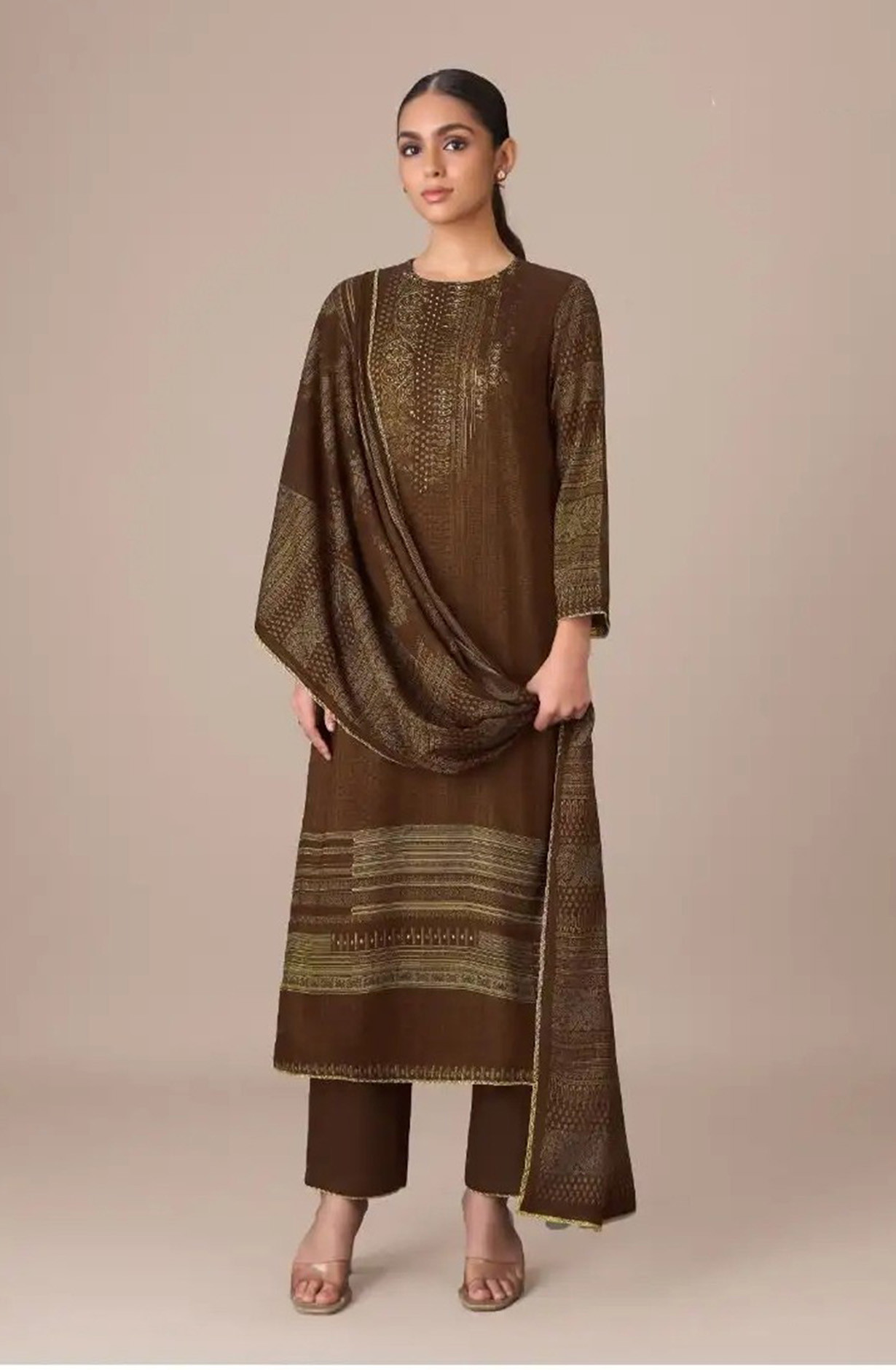Brown Pashmina Digital Printed Suit with Dupatta - CLA8661D