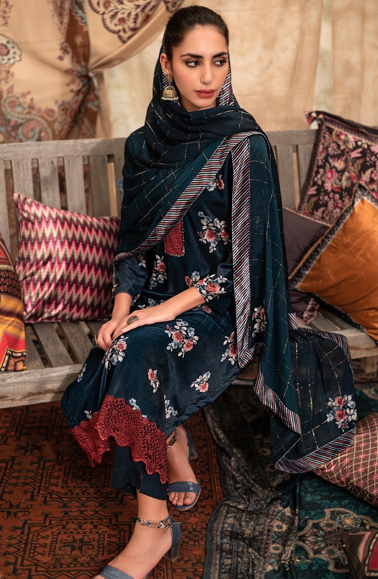 Blue Velvet Winter Wear Unstitched Suit-sets - NAU1616B