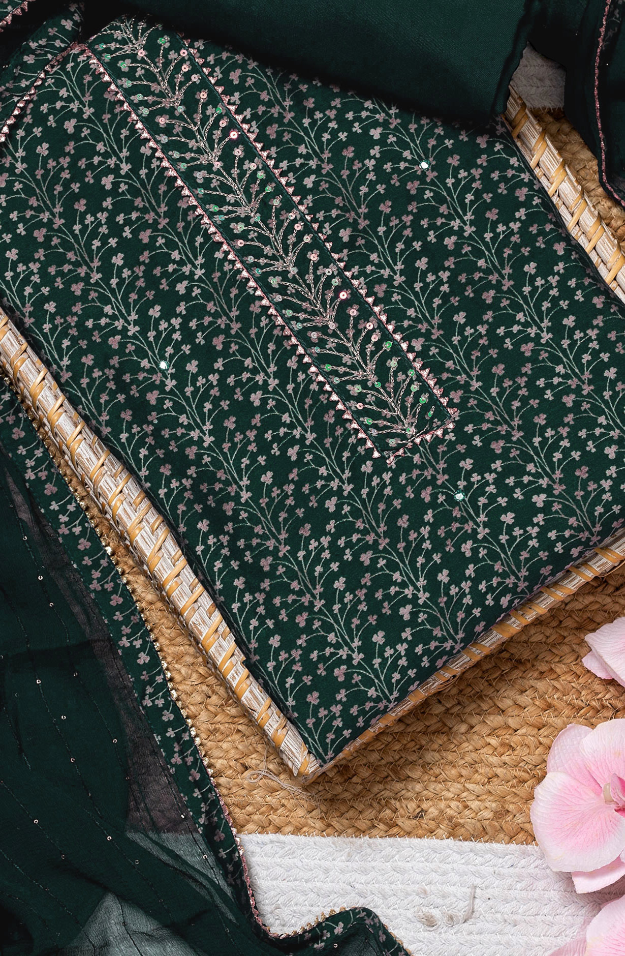 Bottle Green Modal Silk Digital Printed Suit with Chiffon Dupatta - 912-YRT09713A