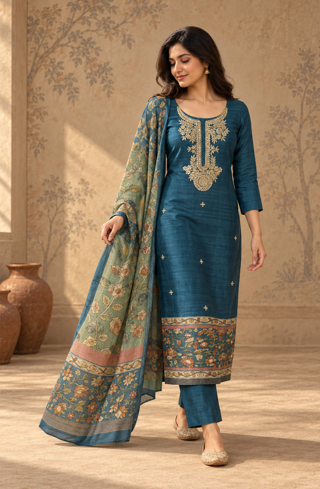 Image of Blue Silk Unstitched Suit Set with Beautiful Dupatta - 972-WETSL1107A