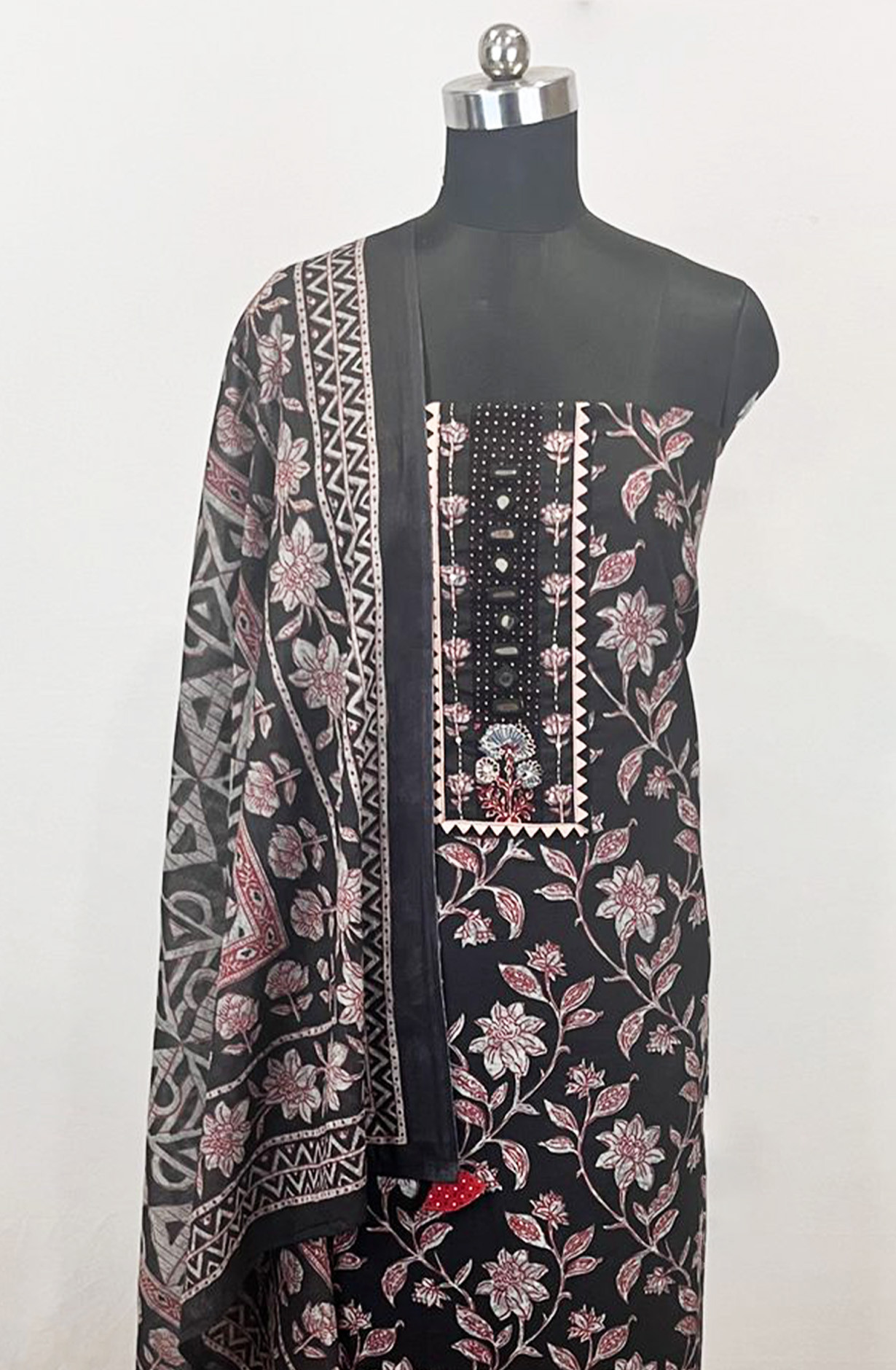 Black Cotton printed Unstitched Suit Set with Dupatta - 131-KE1650