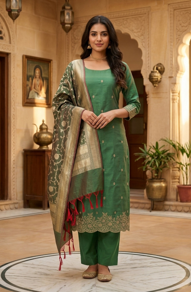 Image of Mehndi Chanderi Silk Beautiful Suit Set with Banarsi Dupatta - 981- NK638