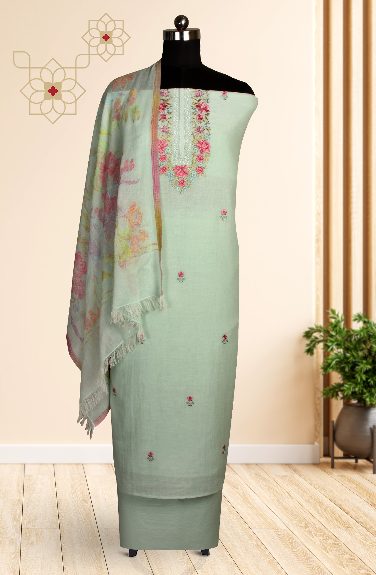 Sea Green Cotton Embroidered Salwar Kameez with Dupatta - R157-SPR1523B