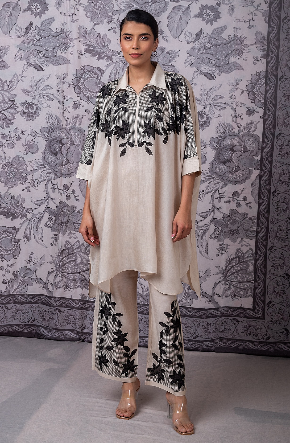 KIRAT Beige Kaftan Shirt with Embroidered Muslin Co-ords Set - 349-S42 - Available Size L XXL