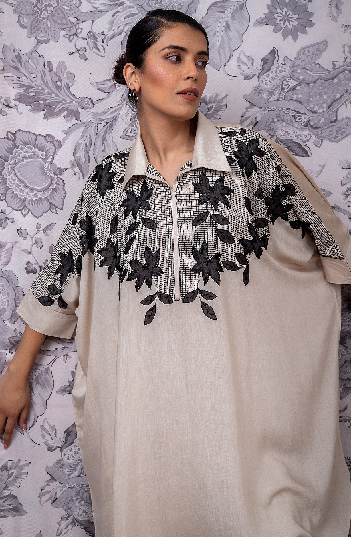 KIRAT Beige Kaftan Shirt with Embroidered Muslin Co-ords Set - 349-S42 - Available Size L XXL