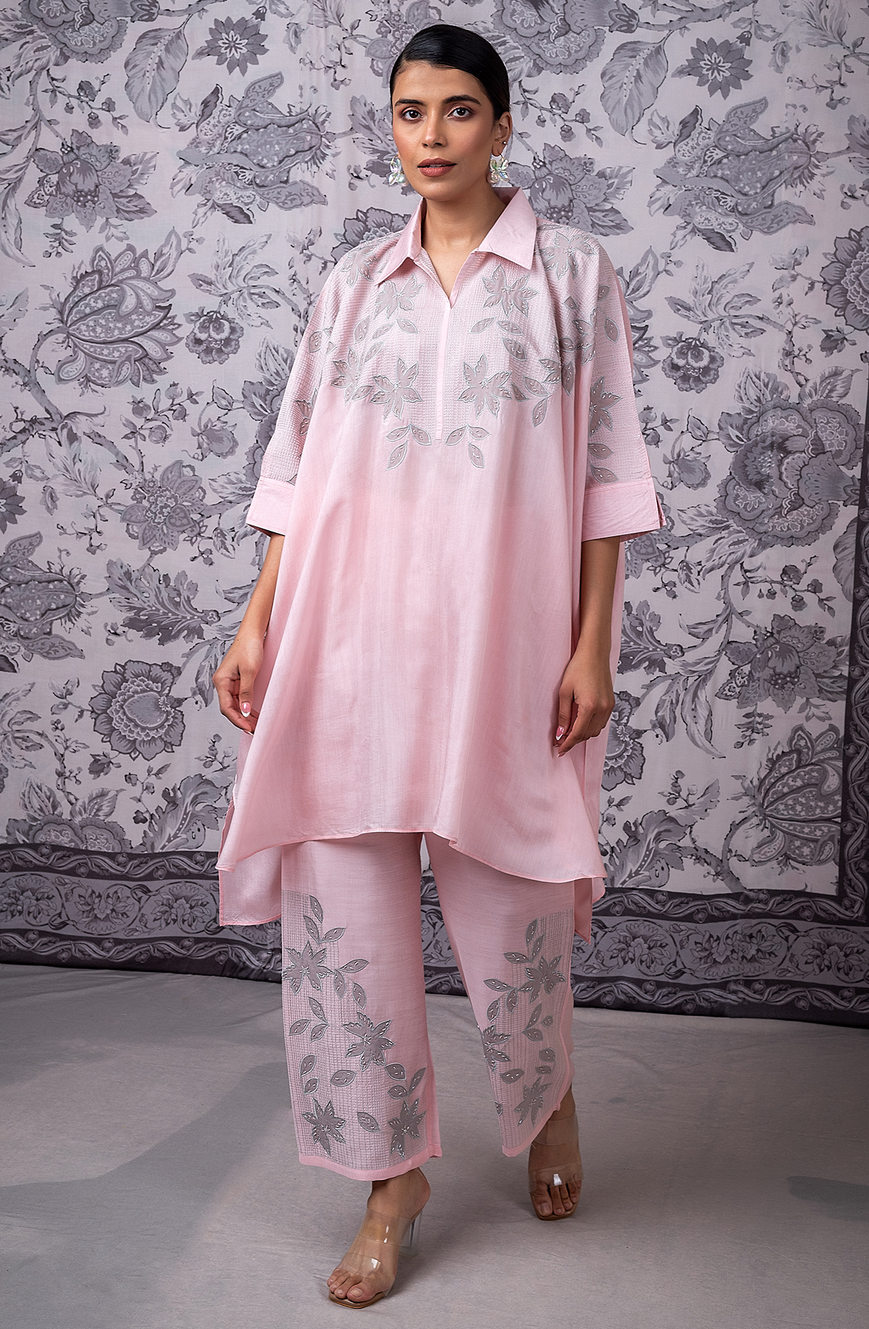 KIRAT Pink Kaftan Shirt with Embroidered Muslin Co-ords Set - 349-S42A - Available Size L  XXL