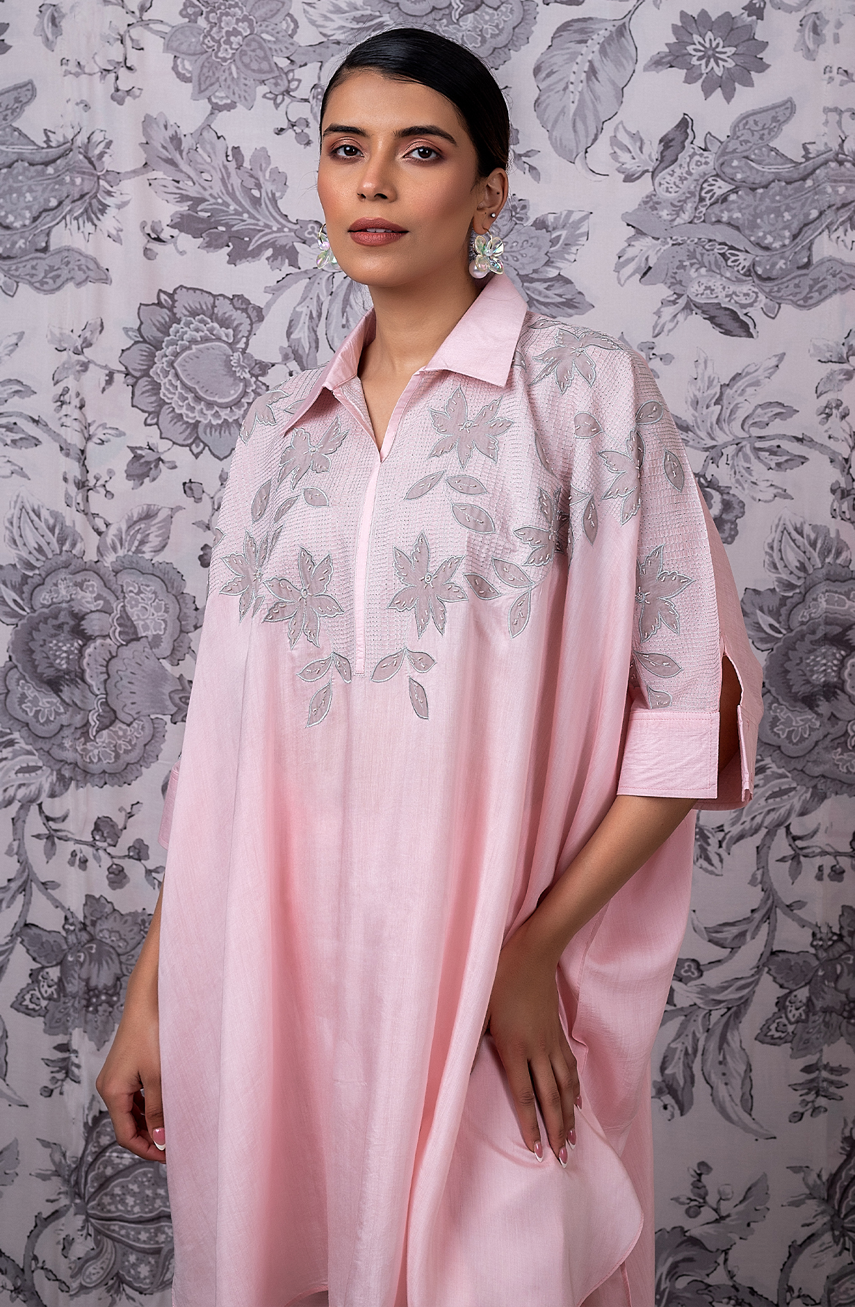 KIRAT Pink Kaftan Shirt with Embroidered Muslin Co-ords Set - 349-S42A - Available Size L  XXL