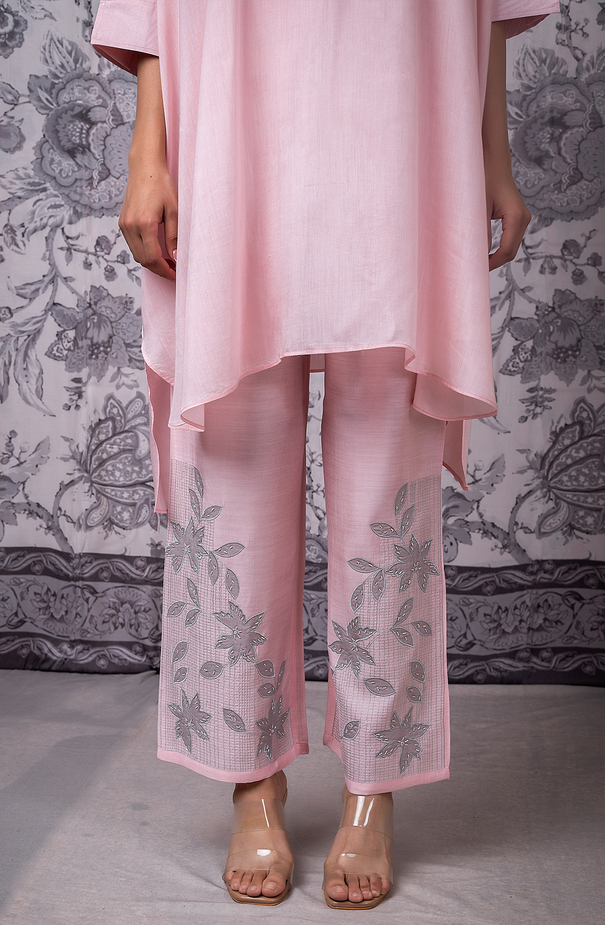 KIRAT Pink Kaftan Shirt with Embroidered Muslin Co-ords Set - 349-S42A - Available Size L  XXL