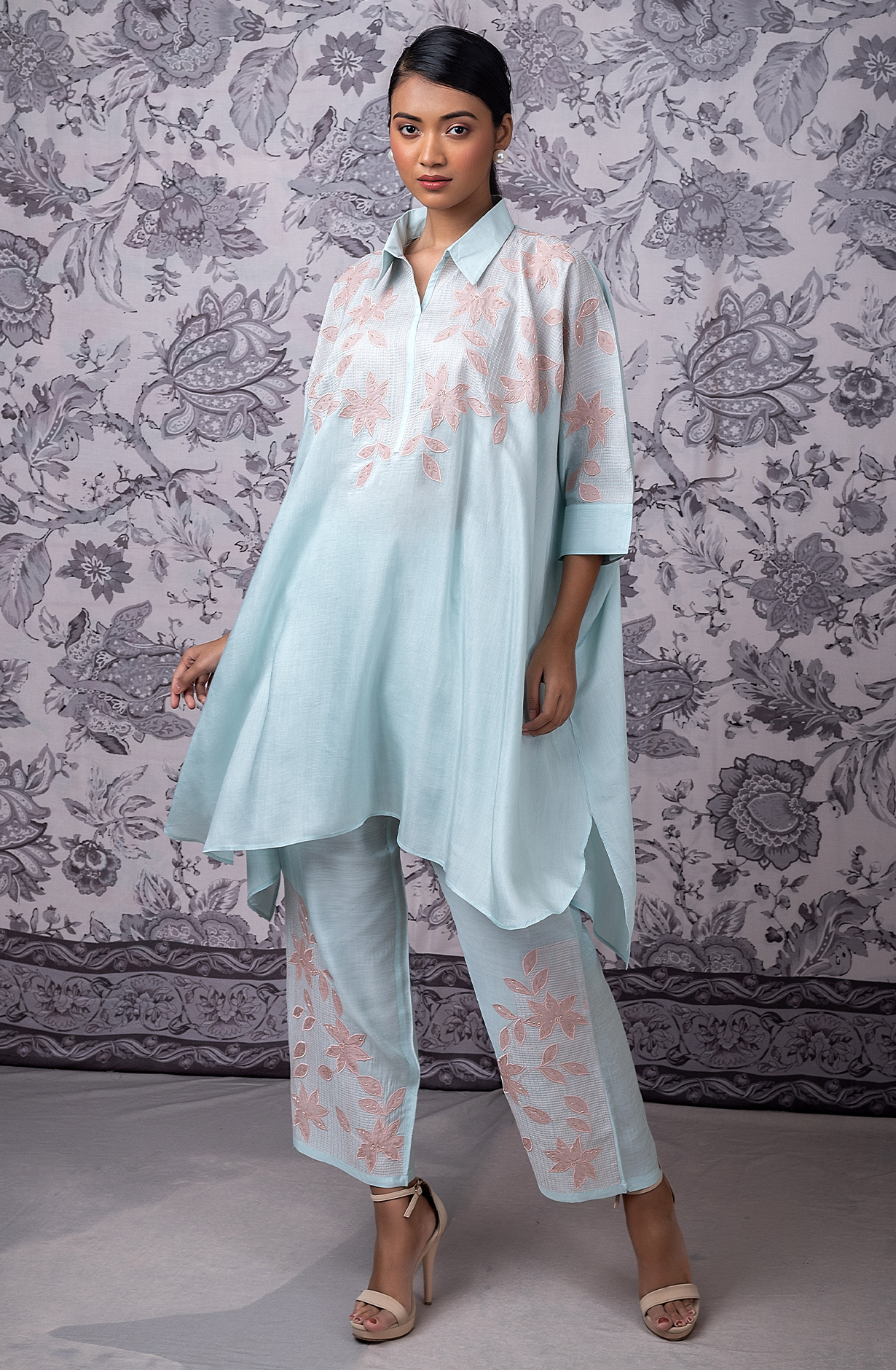 KIRAT Sea Green Kaftan Shirt with Embroidered Muslin Co-ords Set - 349-S42B - Available Size L XXL