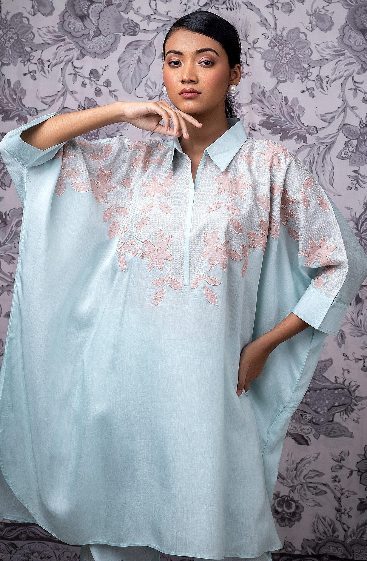 KIRAT Sea Green Kaftan Shirt with Embroidered Muslin Co-ords Set - 349-S42B - Available Size L XXL