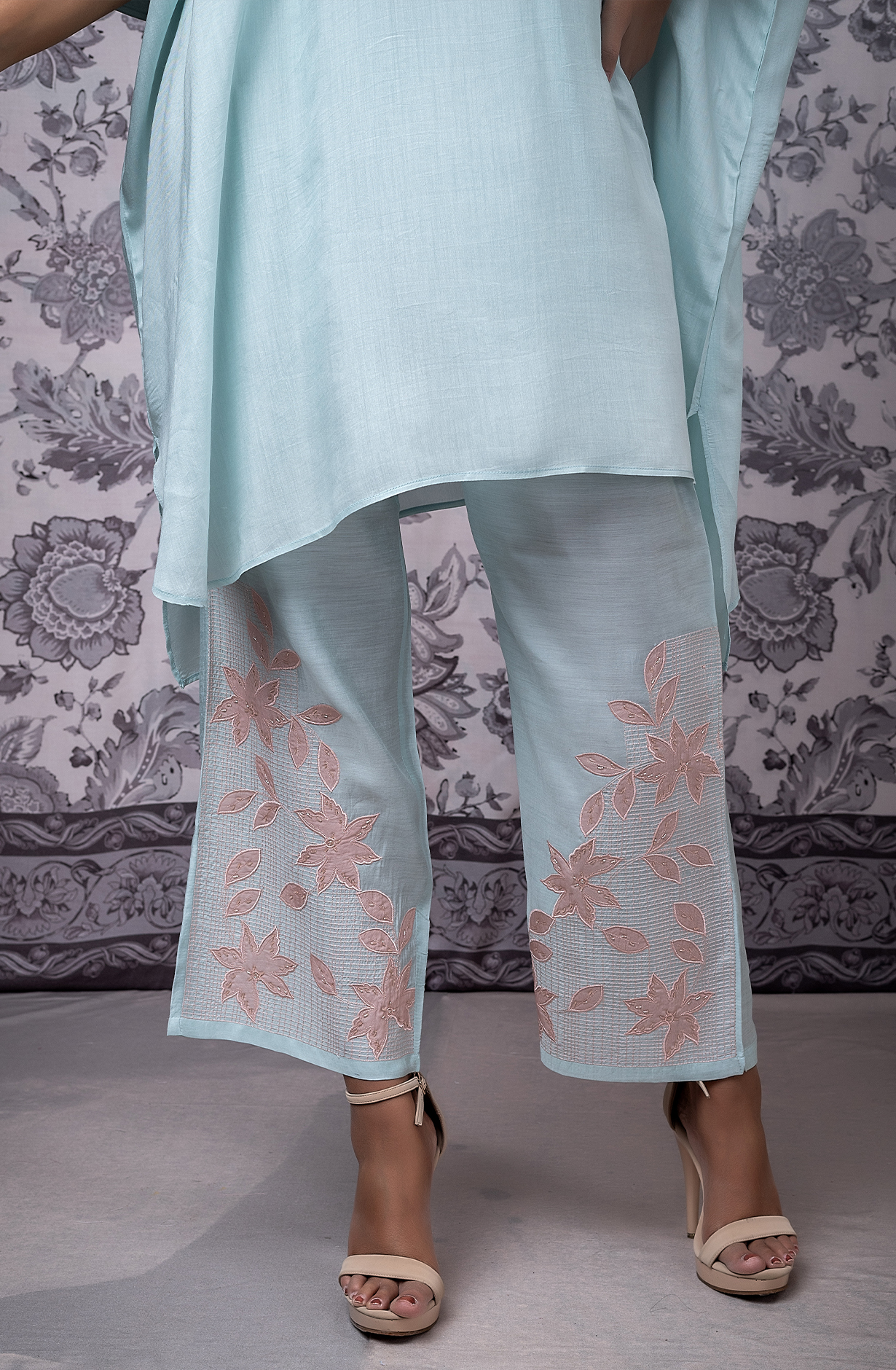 KIRAT Sea Green Kaftan Shirt with Embroidered Muslin Co-ords Set - 349-S42B - Available Size L XXL