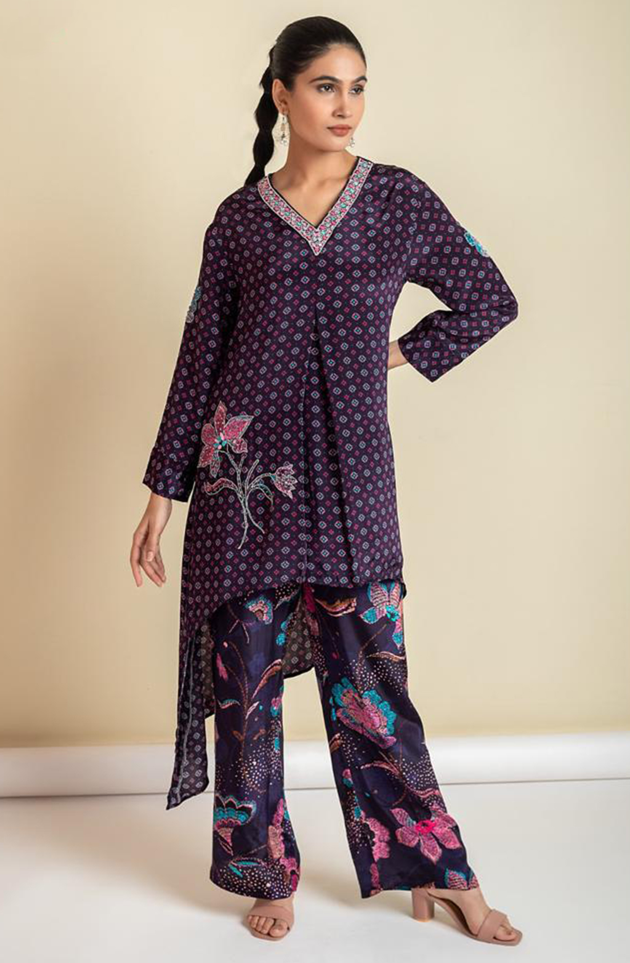 AINA Purple Crepe Printed Co-ord Set with Embroidery Work - 349-S16 - Available Size L XXL