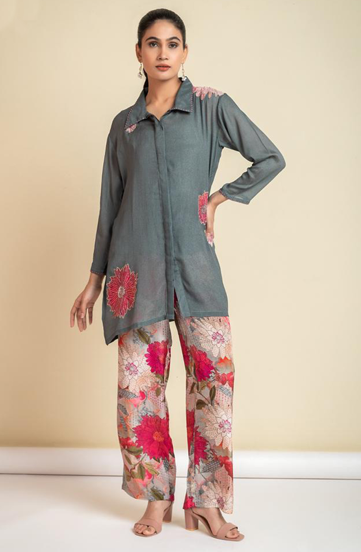 DALI Crepe Olive Green Printed Collar Co-ord Set - 349-S17 - Available Size L XXL