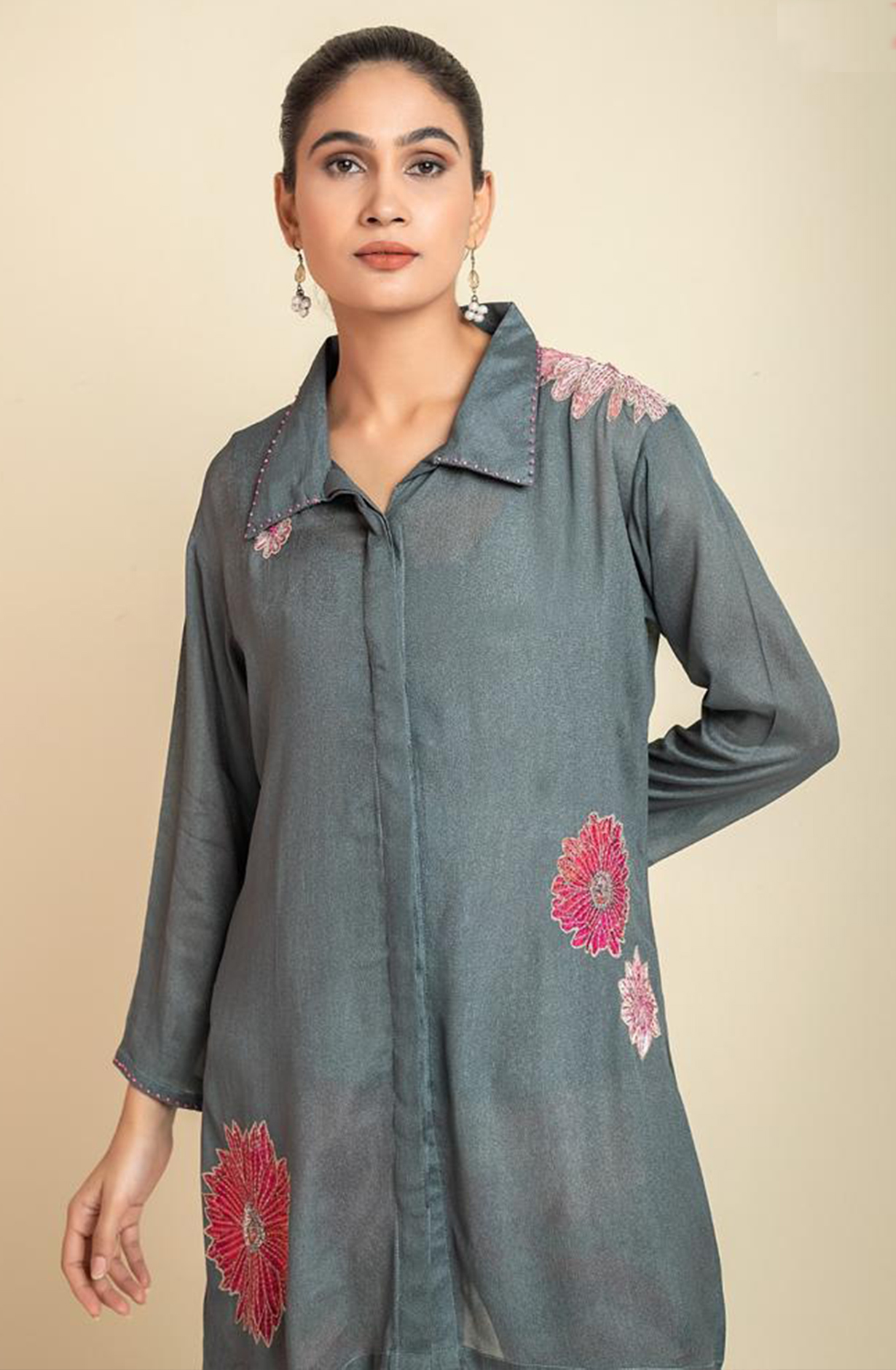 DALI Crepe Olive Green Printed Collar Co-ord Set - 349-S17 - Available Size L XXL