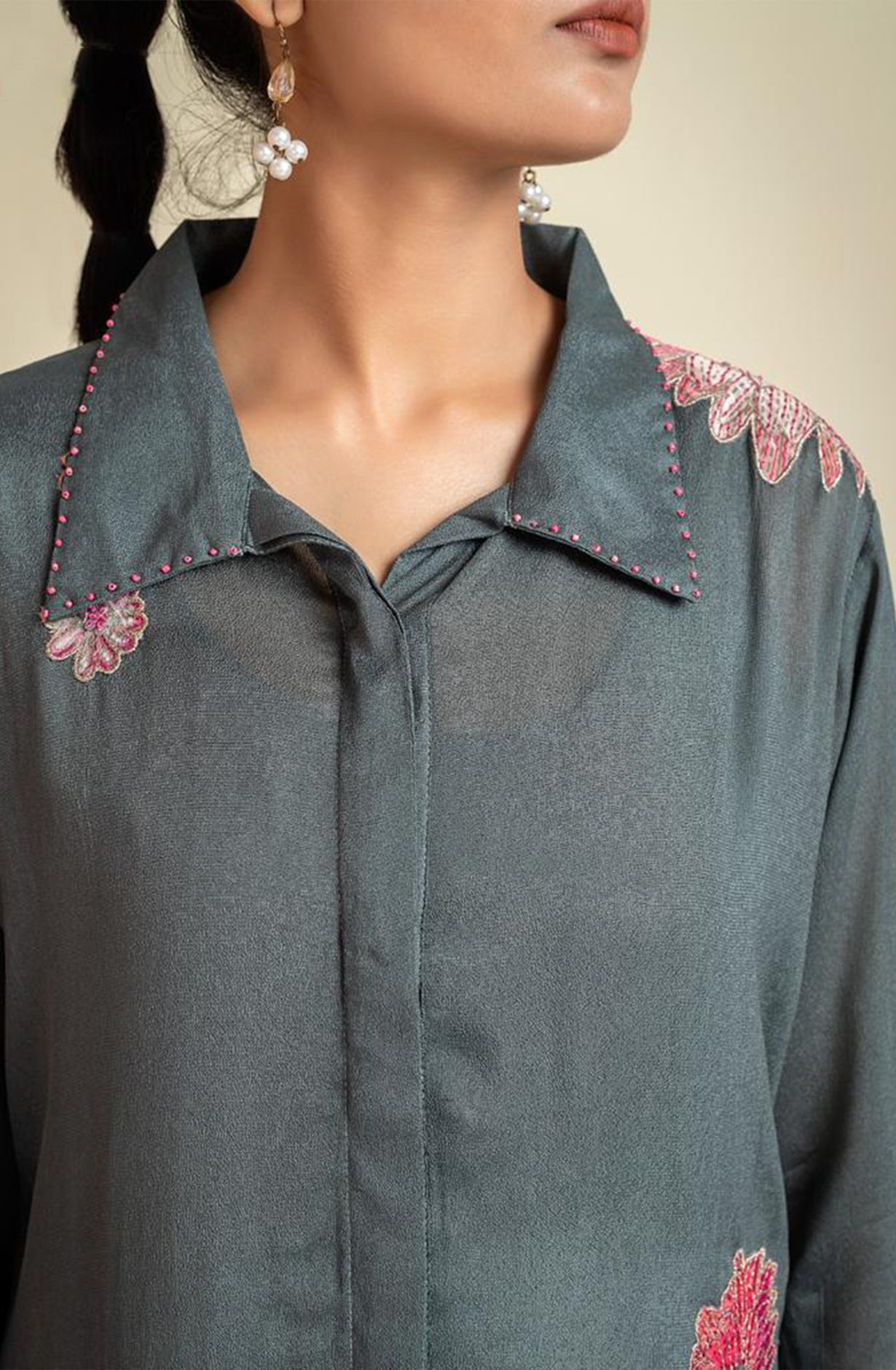 DALI Crepe Olive Green Printed Collar Co-ord Set - 349-S17 - Available Size L XXL