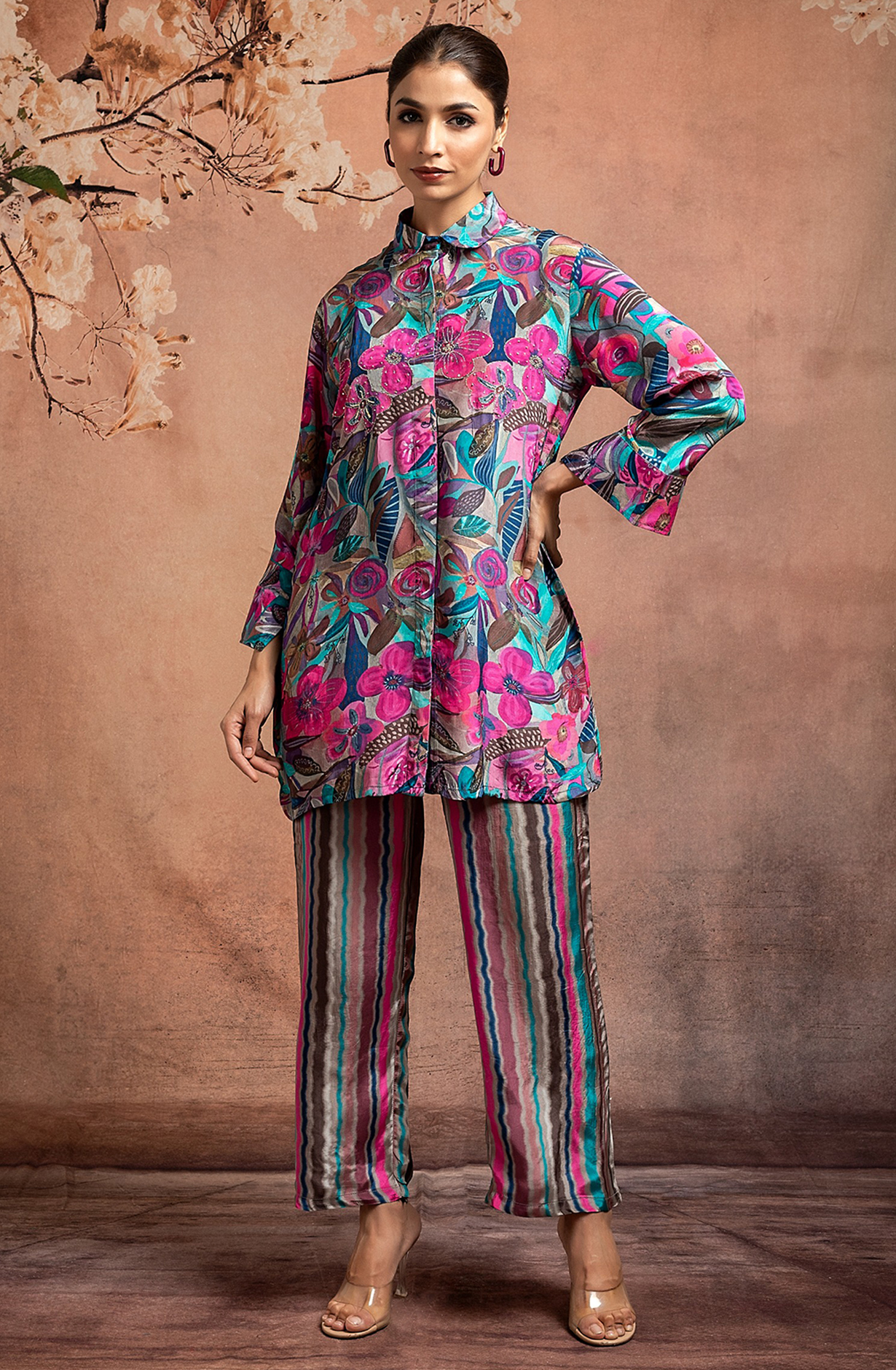 KIMI Crepe Printed Shirt Collar Neck Co-ord Set with Handwork - 349-S35 - Available Size L XXL