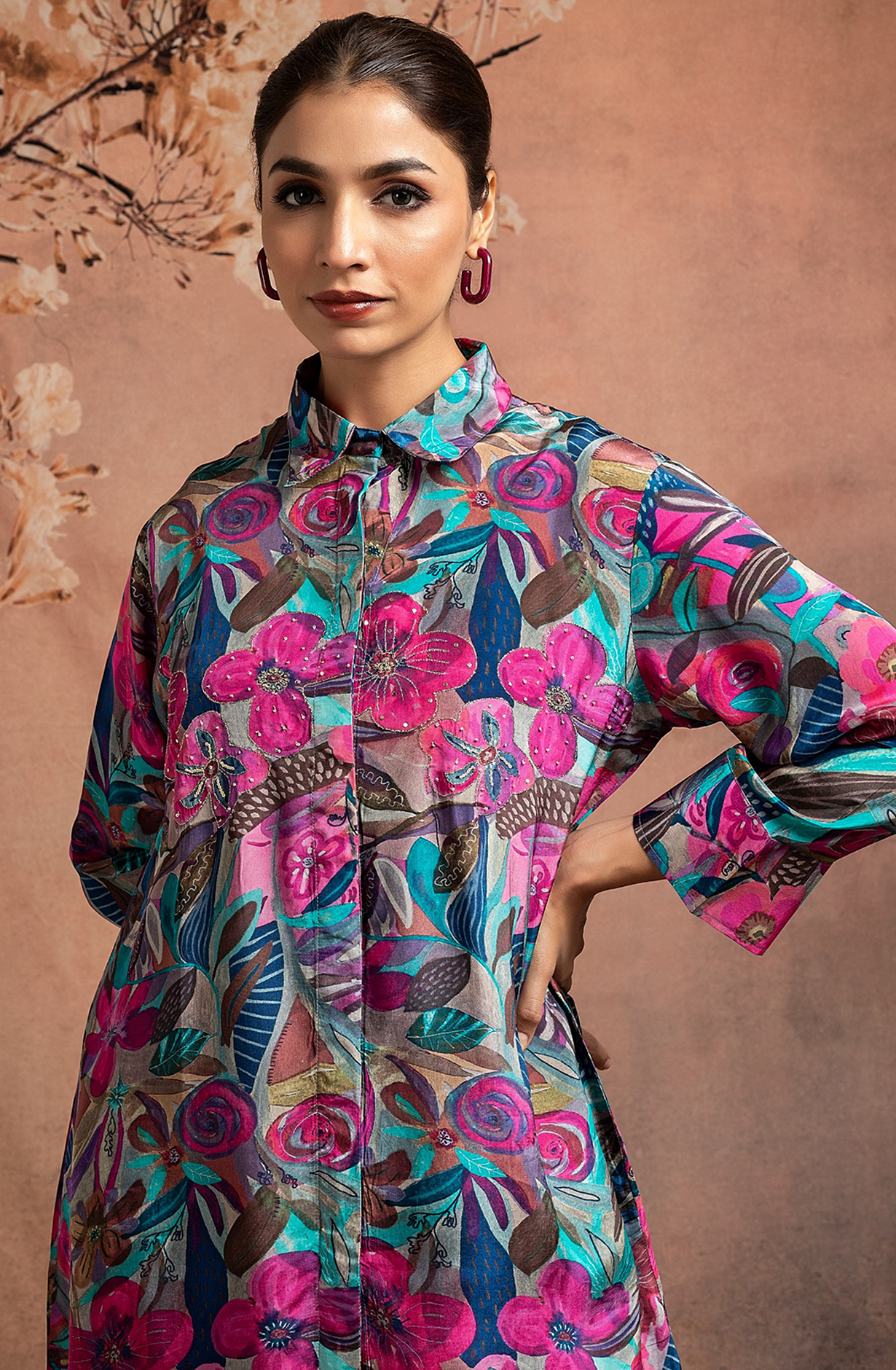 KIMI Crepe Printed Shirt Collar Neck Co-ord Set with Handwork - 349-S35 - Available Size L XXL