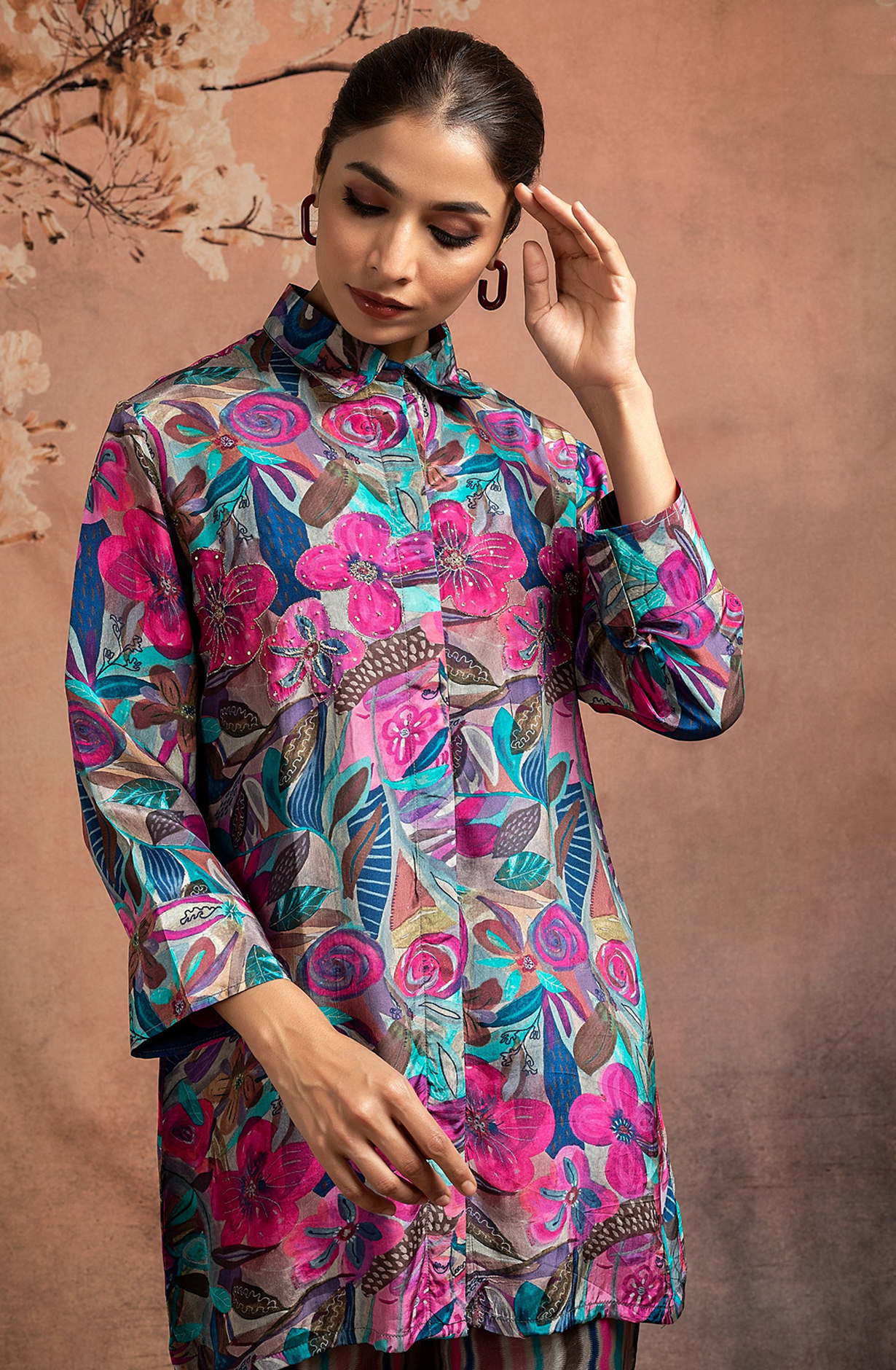 KIMI Crepe Printed Shirt Collar Neck Co-ord Set with Handwork - 349-S35 - Available Size L XXL