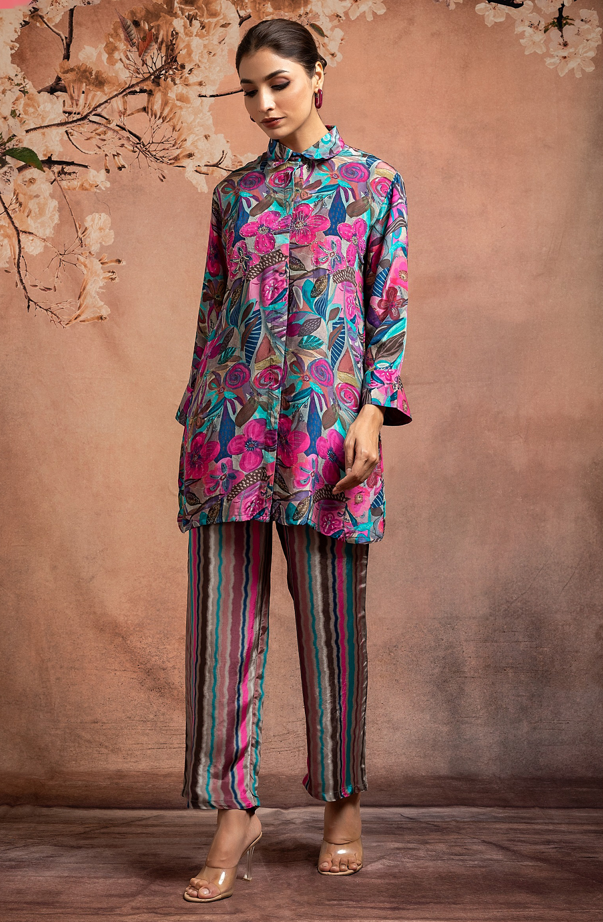 KIMI Crepe Printed Shirt Collar Neck Co-ord Set with Handwork - 349-S35 - Available Size L XXL