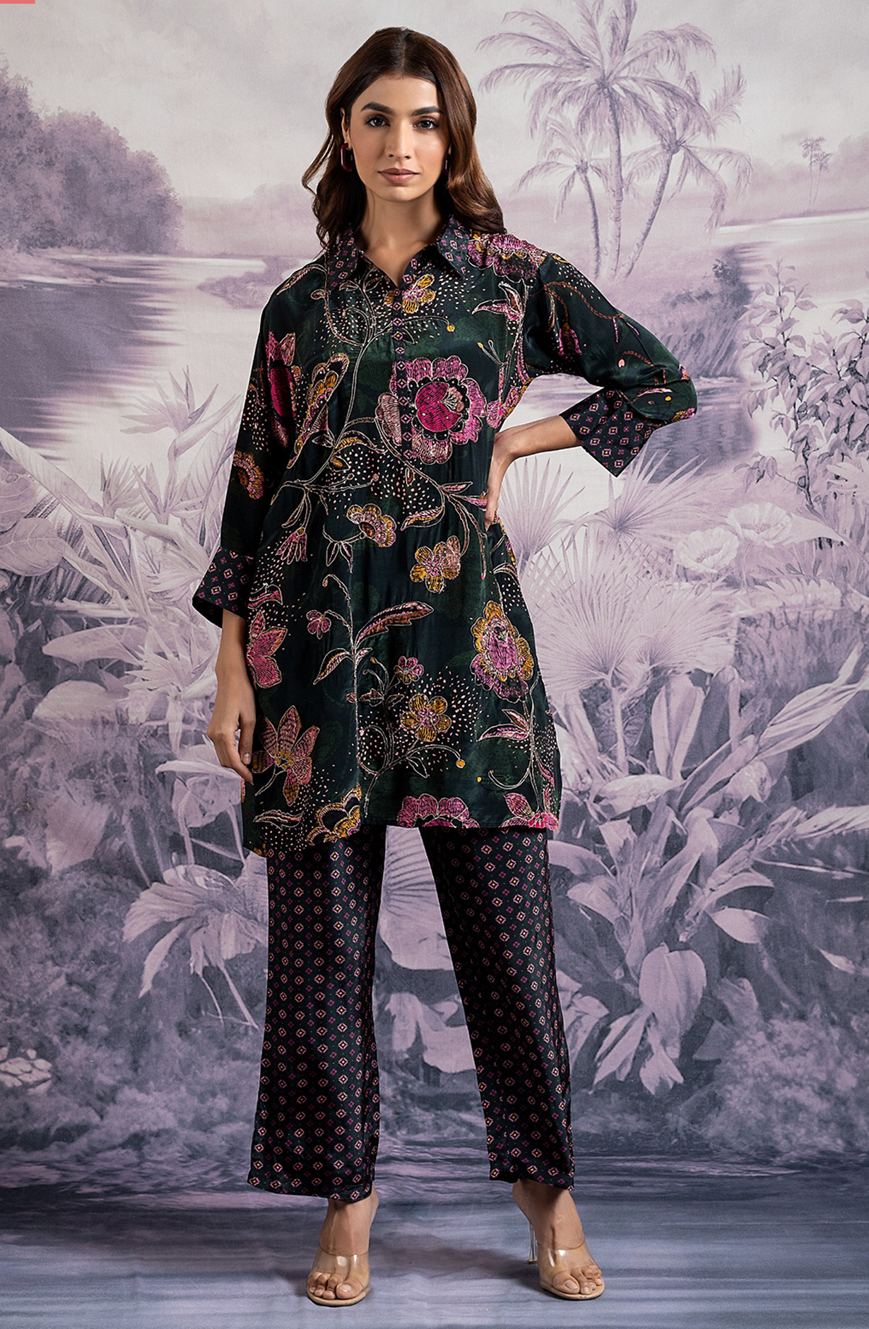 HIRIKA Crepe Bottle Green Printed Tunic Collar Neck Co-ord Set - 349-S37 - Available Size L XXL