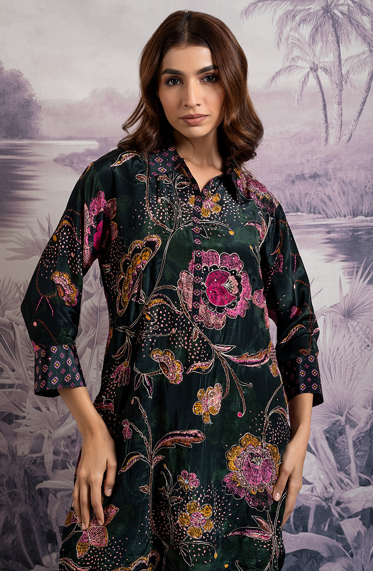 HIRIKA Crepe Bottle Green Printed Tunic Collar Neck Co-ord Set - 349-S37 - Available Size L XXL