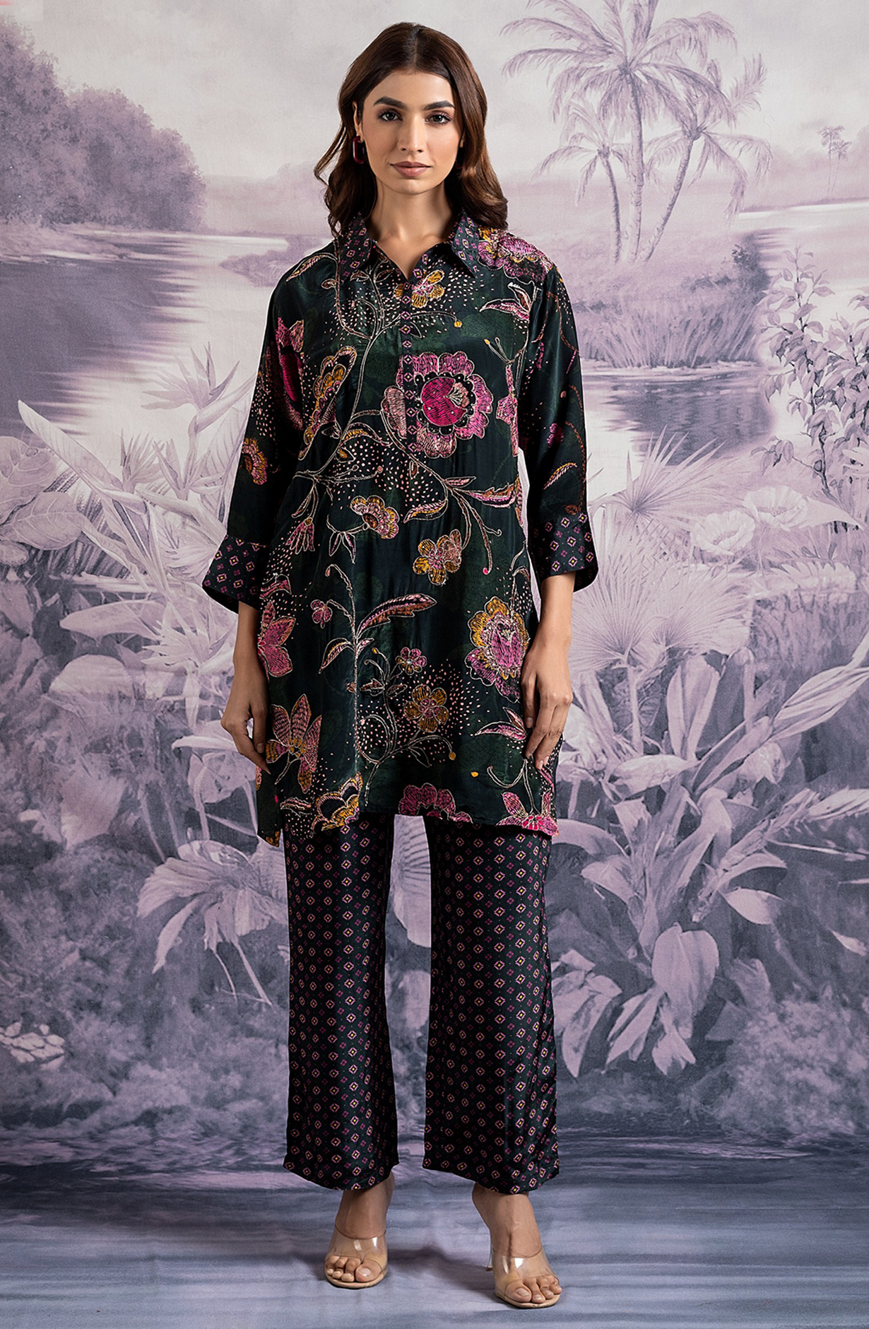 HIRIKA Crepe Bottle Green Printed Tunic Collar Neck Co-ord Set - 349-S37 - Available Size L XXL