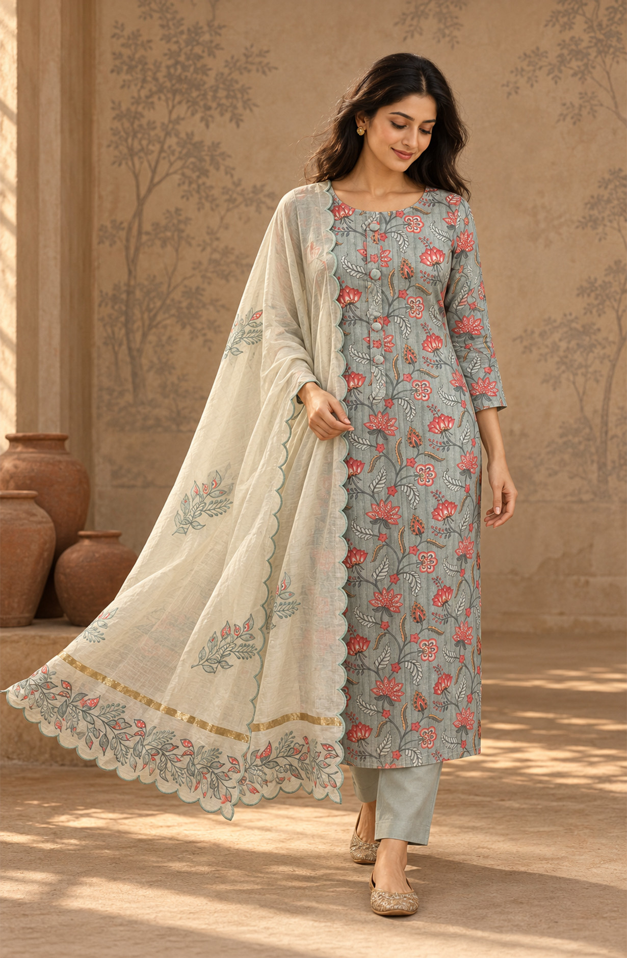 Grey Silk Unstitched Suit Set with Beautiful Dupatta - 972-WETSL1103-2C