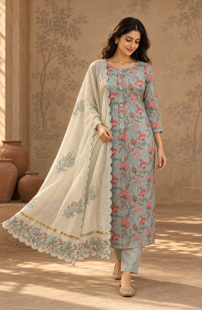 Image of Grey Silk Unstitched Suit Set with Beautiful Dupatta - 972-WETSL1103-2C