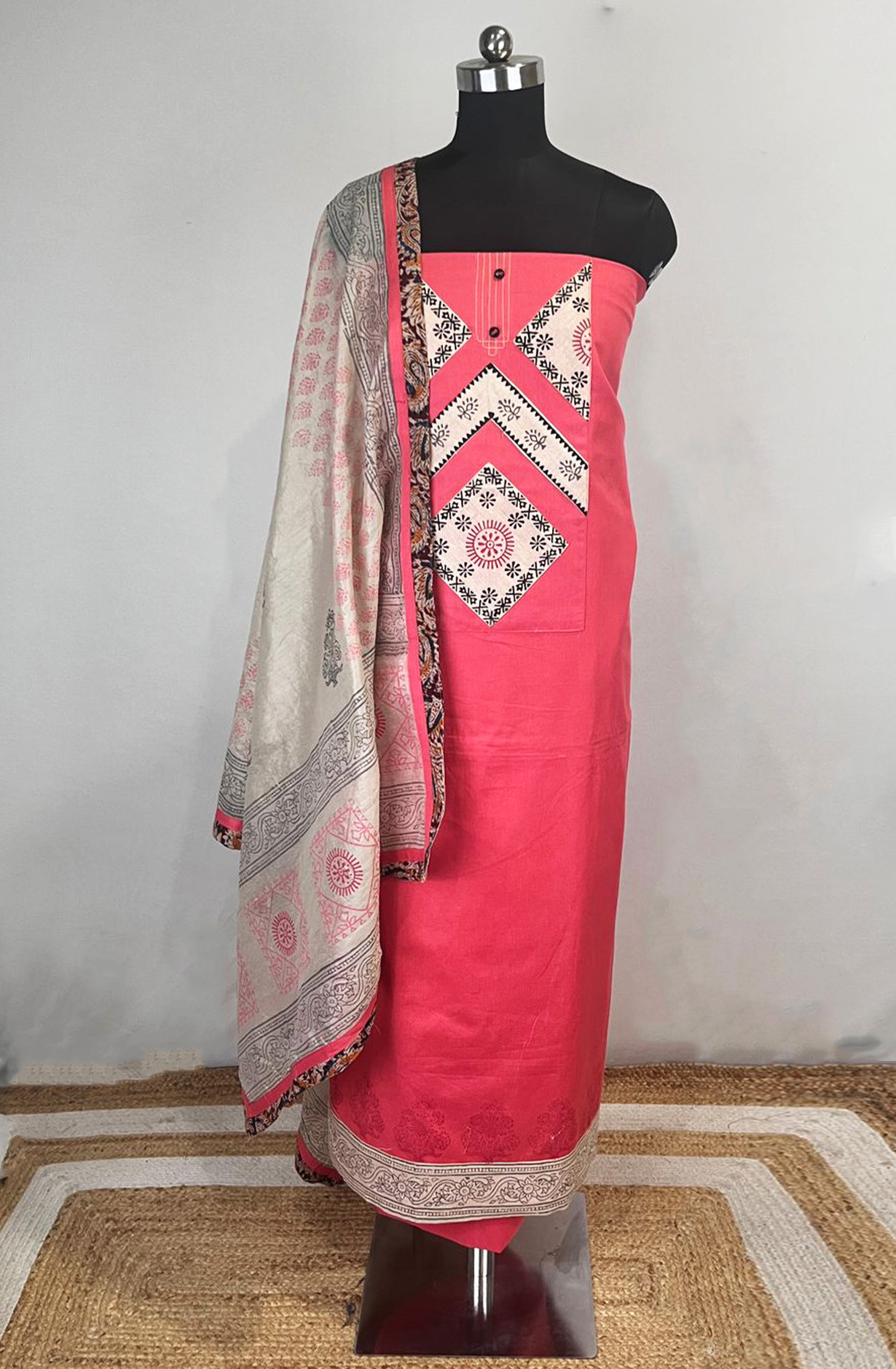 Pink Handloom Cotton suit set with beautiful Dupatta - 944-5890-2A