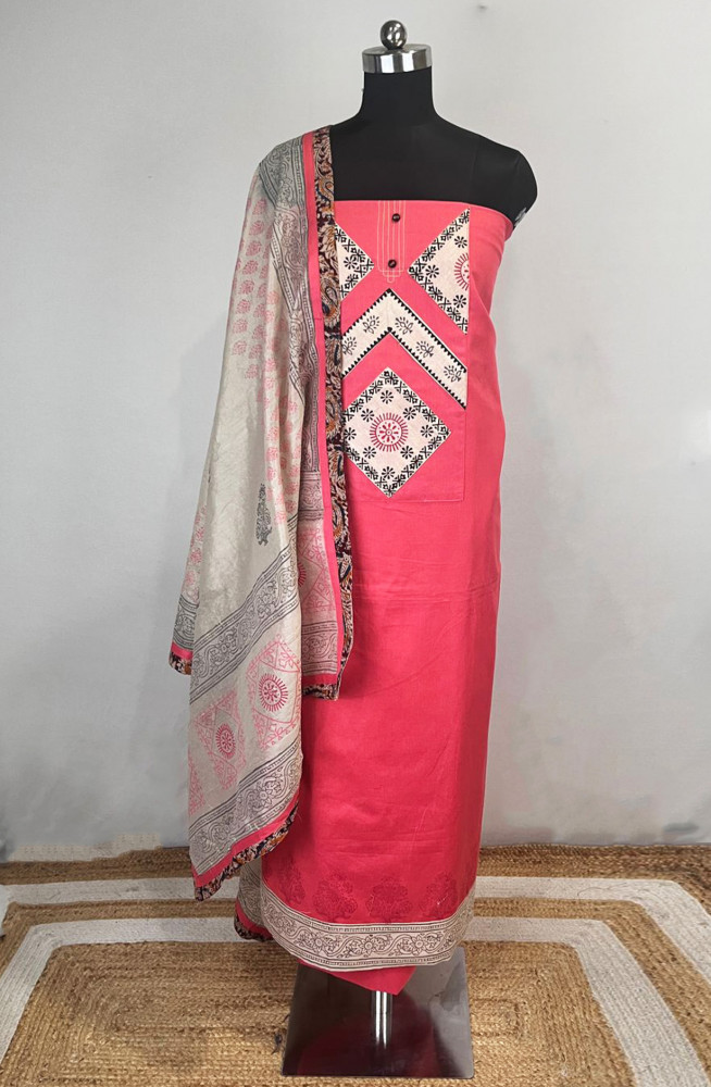 Image of Pink Handloom Cotton suit set with beautiful  Dupatta - 944-5890-2A