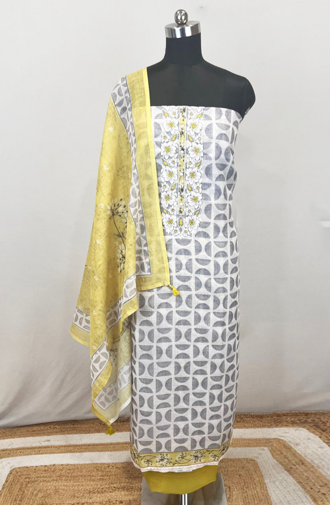 Image of Grey Linen Unstitched Beautiful Suit Set with Dupatta - 131-EE5535A