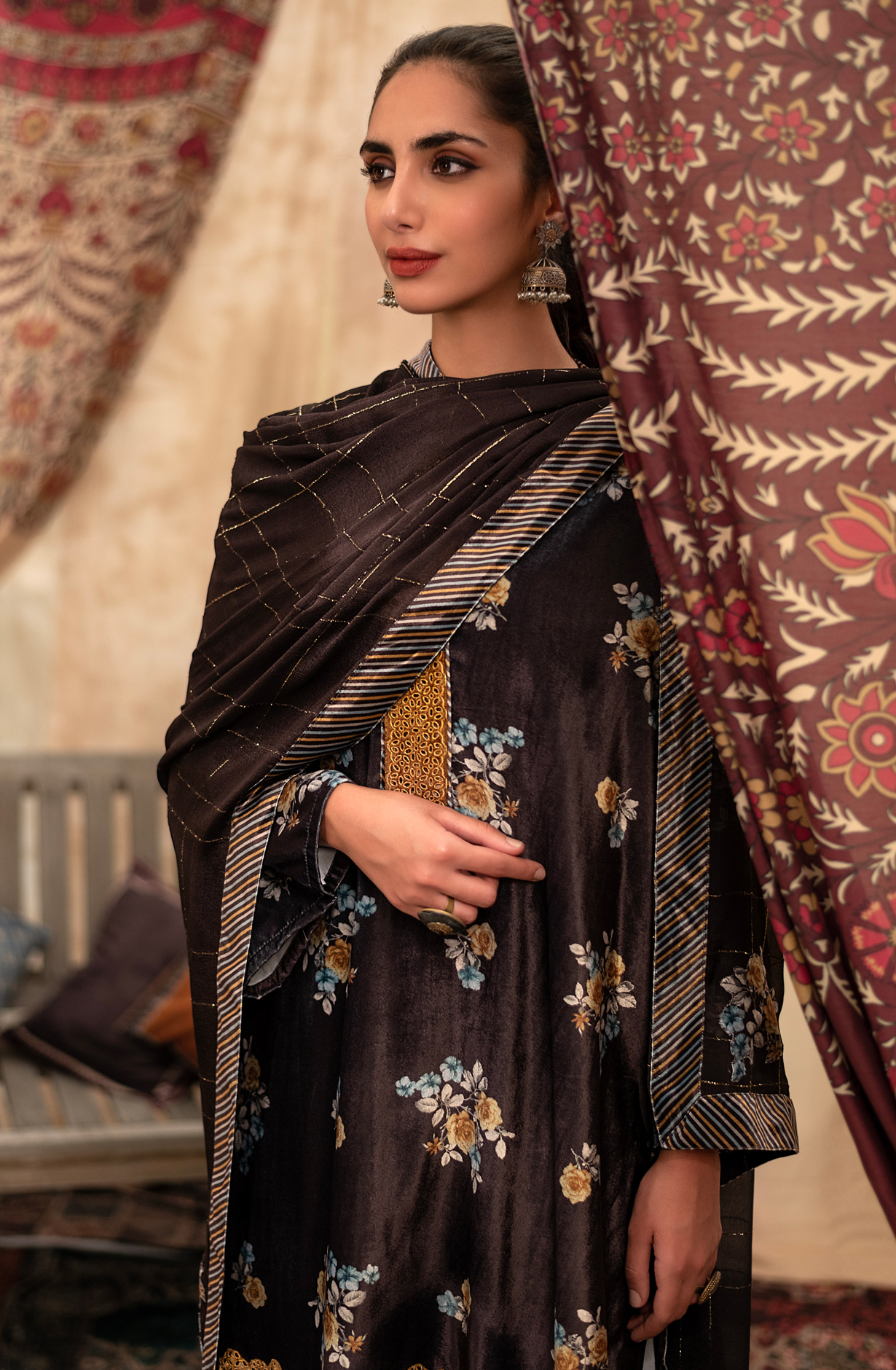 Coffee Brown Velvet Winter Wear Unstitched Suit-sets - NAU1616A