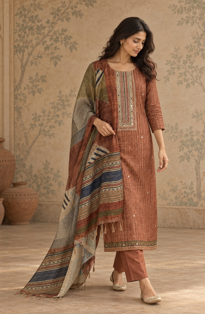Image of Mustard Chanderi silk Unstitched Suit Set with Beautiful Dupatta - 972-WETSL1103-3C