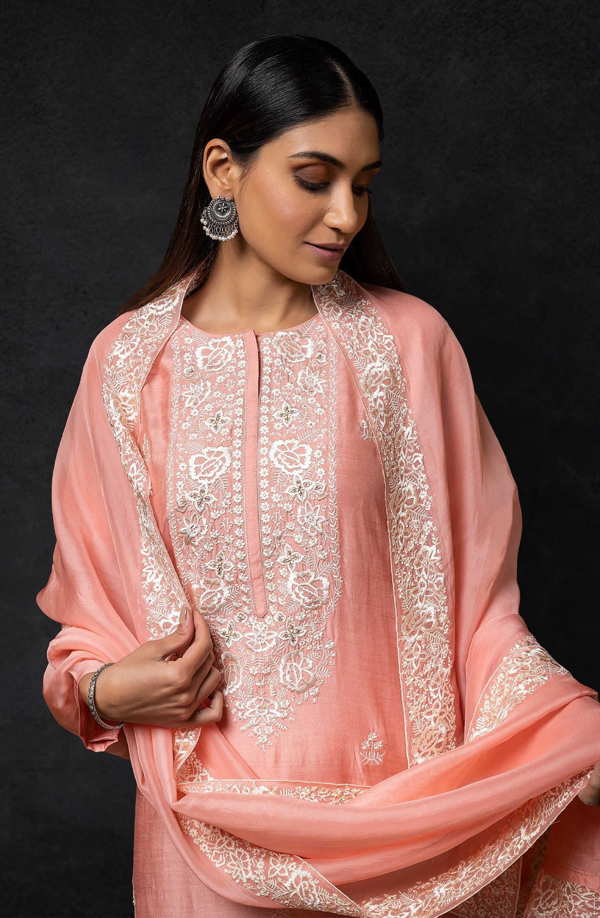 Peach Muslin Exclusive Embroidered Suit with Organza Dupatta - R157-SPR1394C