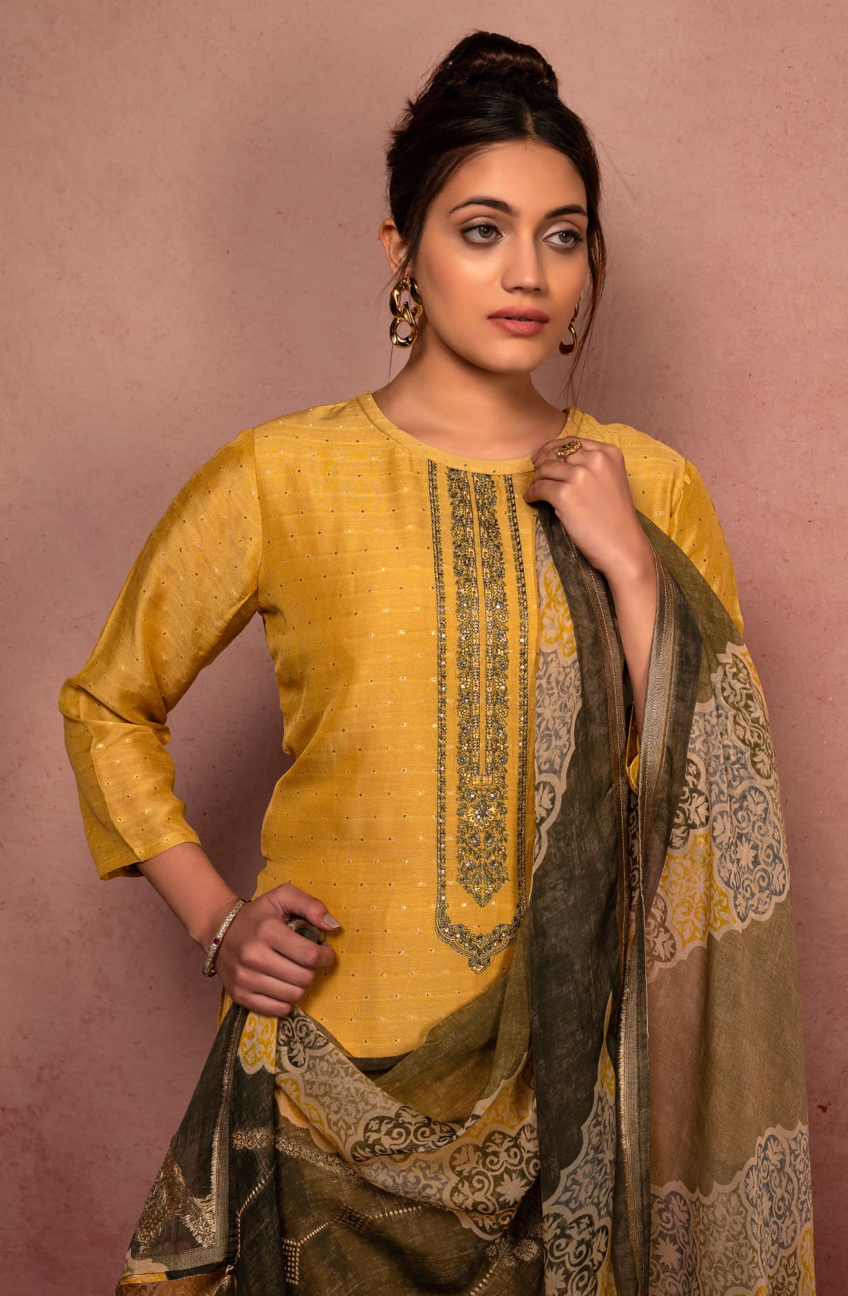 Mustard Muslin Designer Zari Dobby Work with Embroidery Salwar Kameez - ARU1727
