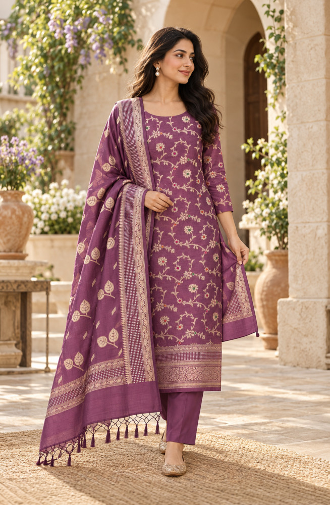 Image of Purple Chanderi Silk Unstitched Suit-Set with Beautiful Dupatta - SVACHN1301E