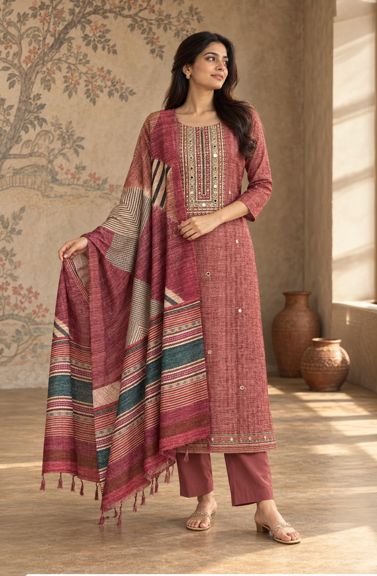 Brown Chanderi silk Unstitched Suit Set with Beautiful Dupatta - 972-WETSL1103-3A