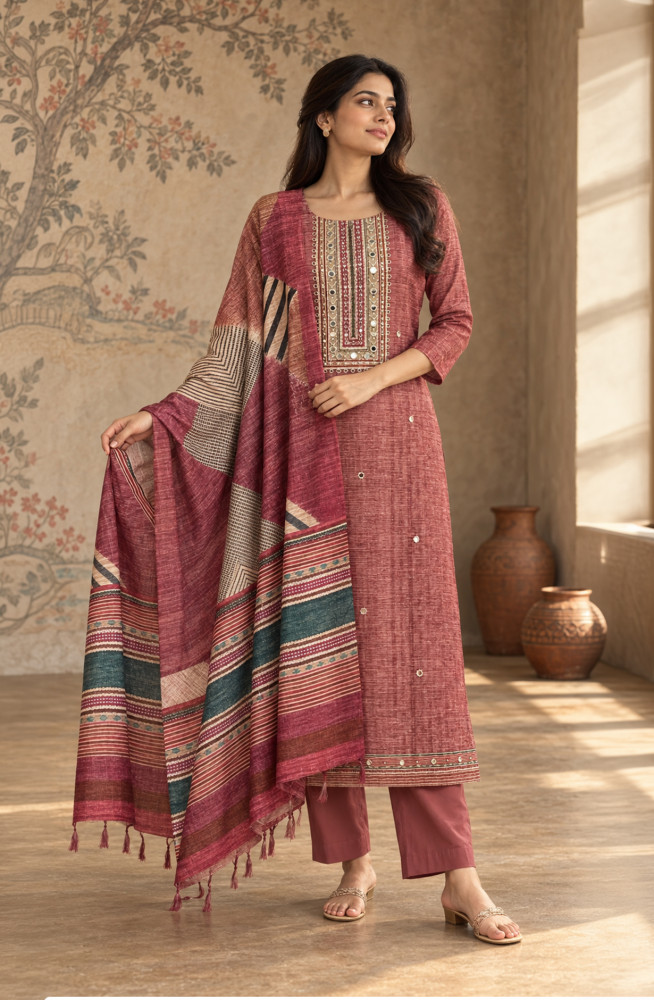 Image of Brown Chanderi silk Unstitched Suit Set with Beautiful Dupatta - 972-WETSL1103-3A
