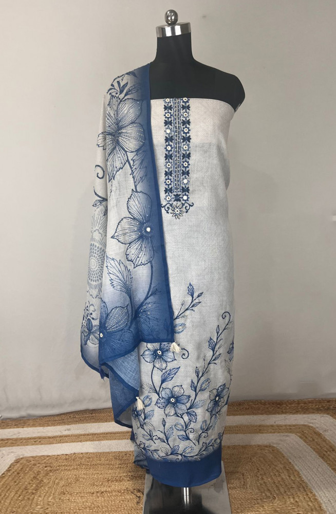 Image of Blue Linen Unstitched Suit Set with Beautiful Dupatta - 984-FMOFVK84