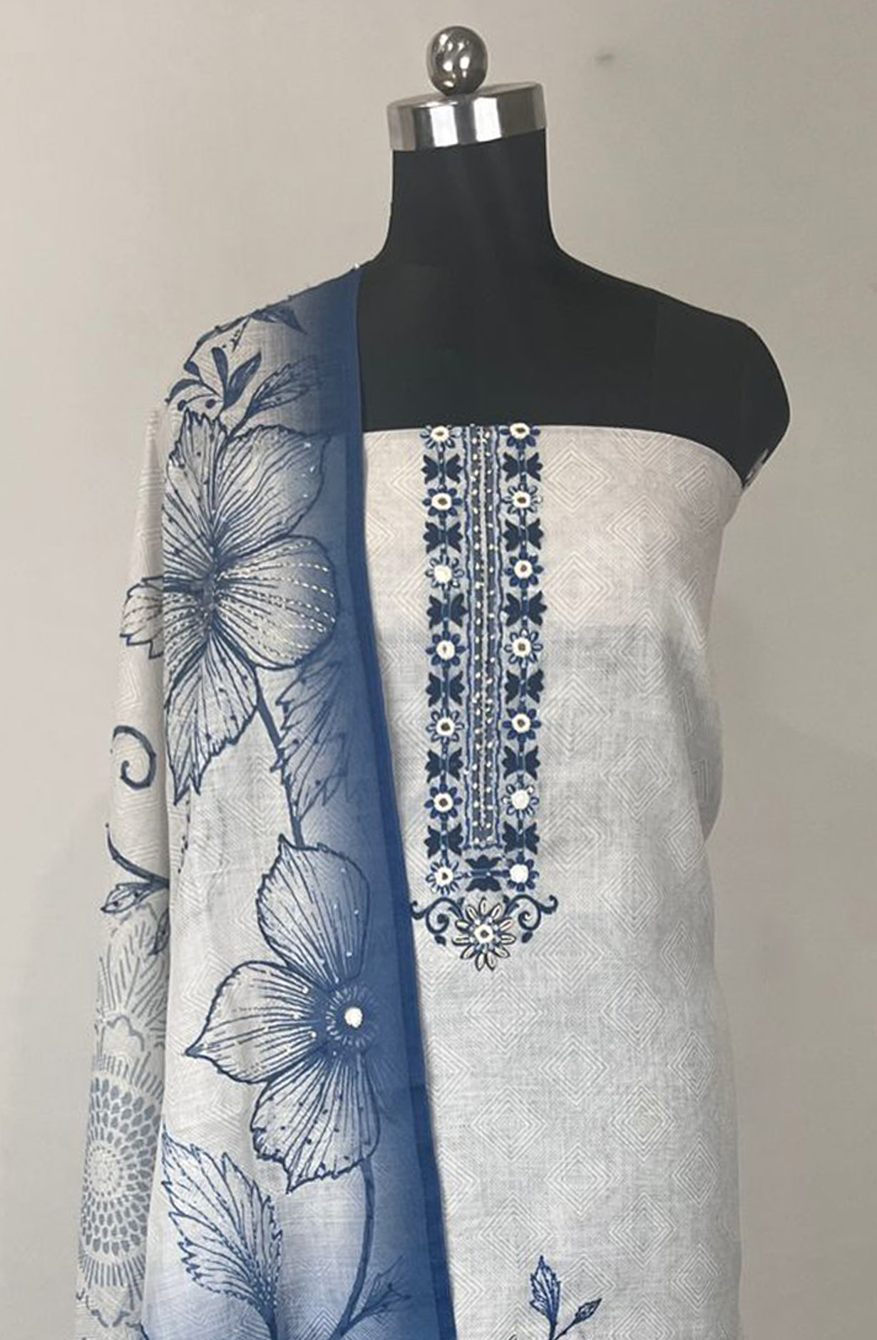 Blue Linen Unstitched Suit Set with Beautiful Dupatta - 984-FMOFVK84