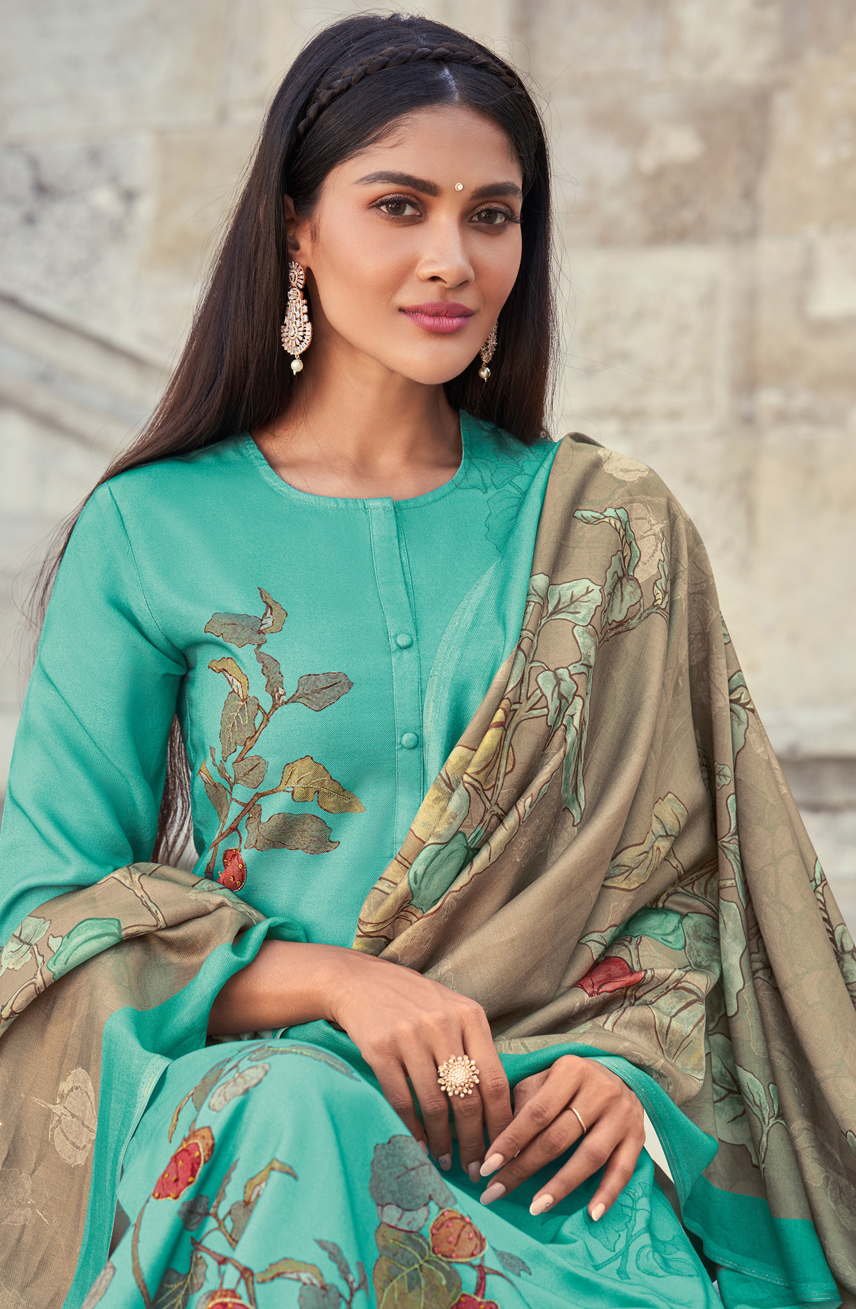 Sea Green Spun Digital Printed Winter Wear Salwar Kameez - FIT4562
